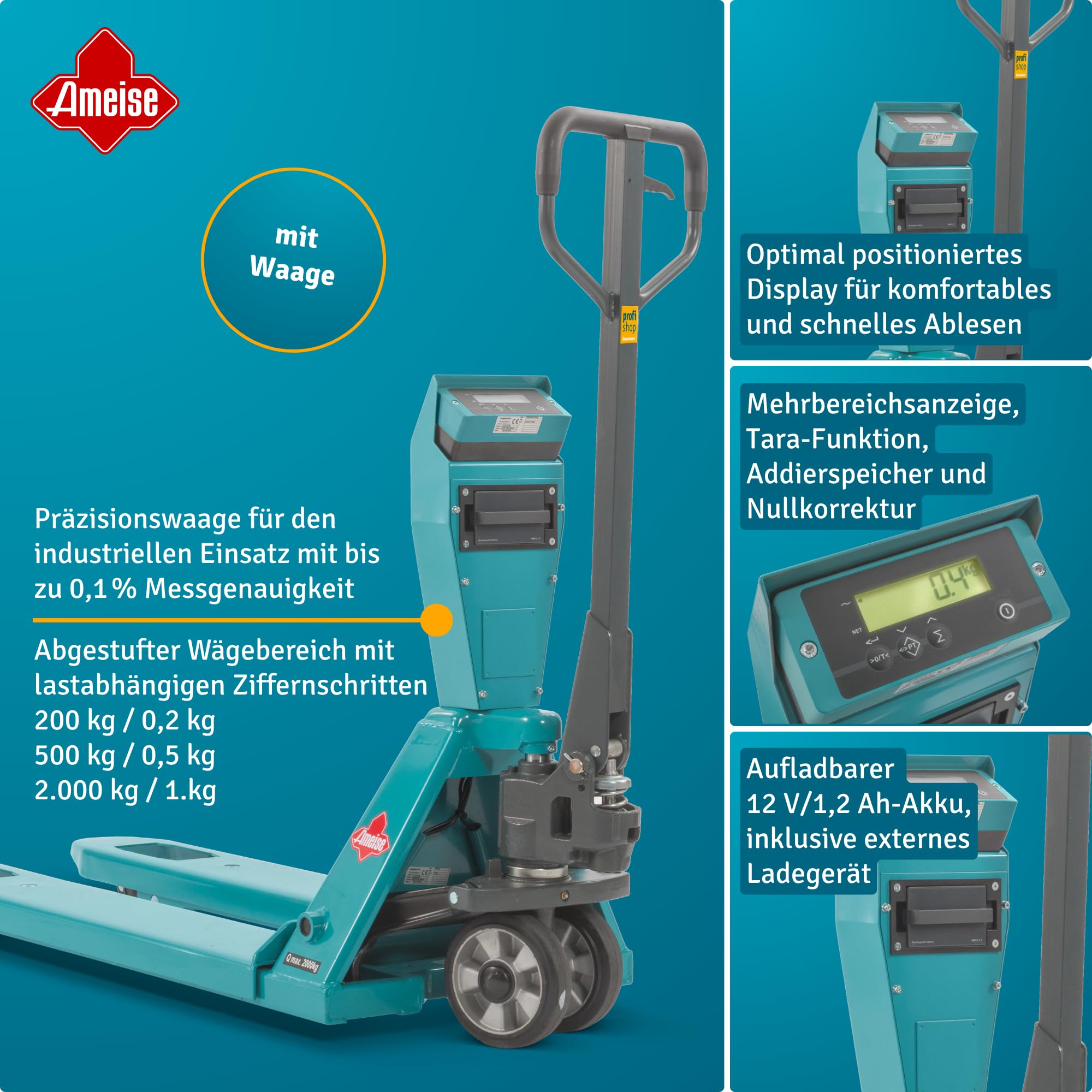 Ameise Hubwagen PTM mit Präzisionswaage | Display mit 0,2/0,5/1 kg Schritten | 2.000 kg Tragkraft | 1.150 mm Gabellänge | Vollgummi Lenkrad | Polyurethan Einfach-Gabelrollen | Schnellhub bis 120 kg