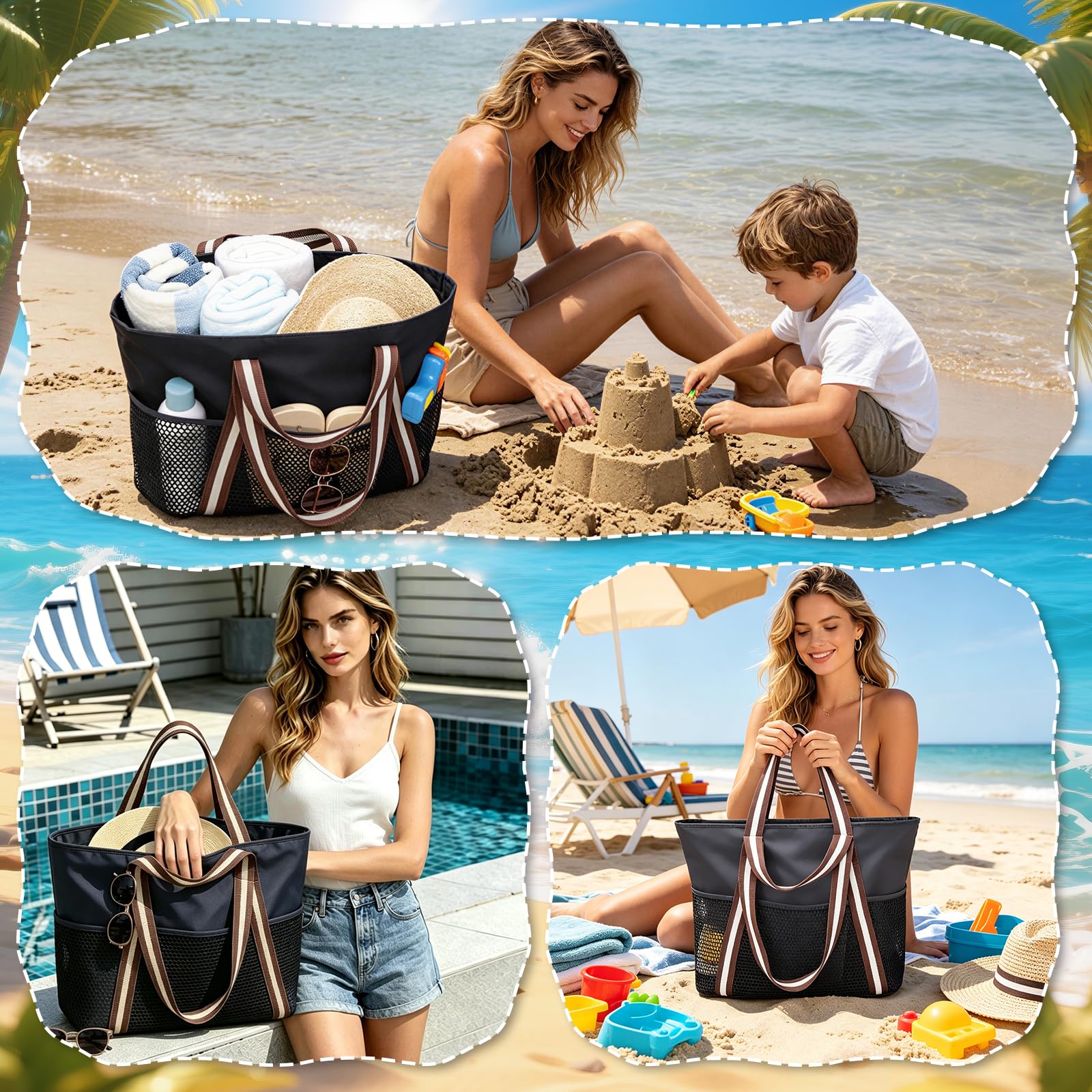 Bolsa de playa para mujer, bolsa de playa con cremallera, bolsa de playa grande XXL, bolsa de transporte para familia, bolsa impermeable para piscina, bolsa de playa plegable