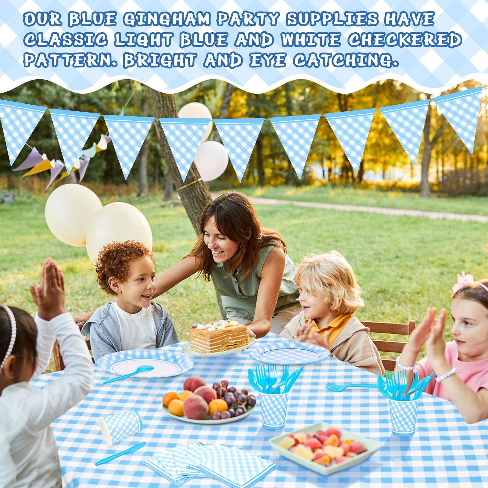 Preboun 198 Pcs Light Blue and White Gingham Party Supplies for 24 Guests Blue Checkered Plaid Tablecloth Pennant Banner Plate Cup Napkin and Cutlery for Picnic BBQ Birthday Halloween Christmas Party