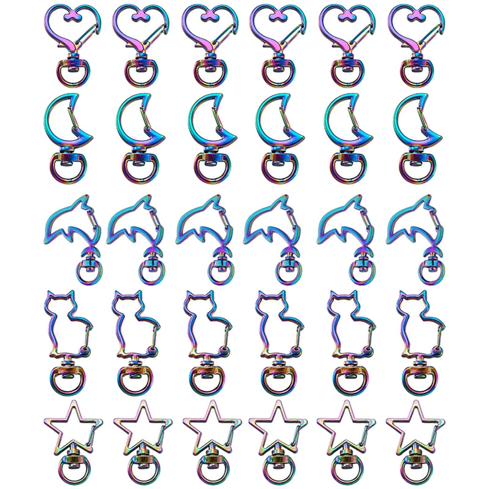 VIDELLYVIDELLY 30 Pieces Metal Heart Design Spring Snap Keychain Clip Alloy Rainbow Metal Swivel Clasps Swivel Lanyard Snap Hook Heart Star Animal Colorful Keychain Lobster Clasps DIY Jewelry,5 Style