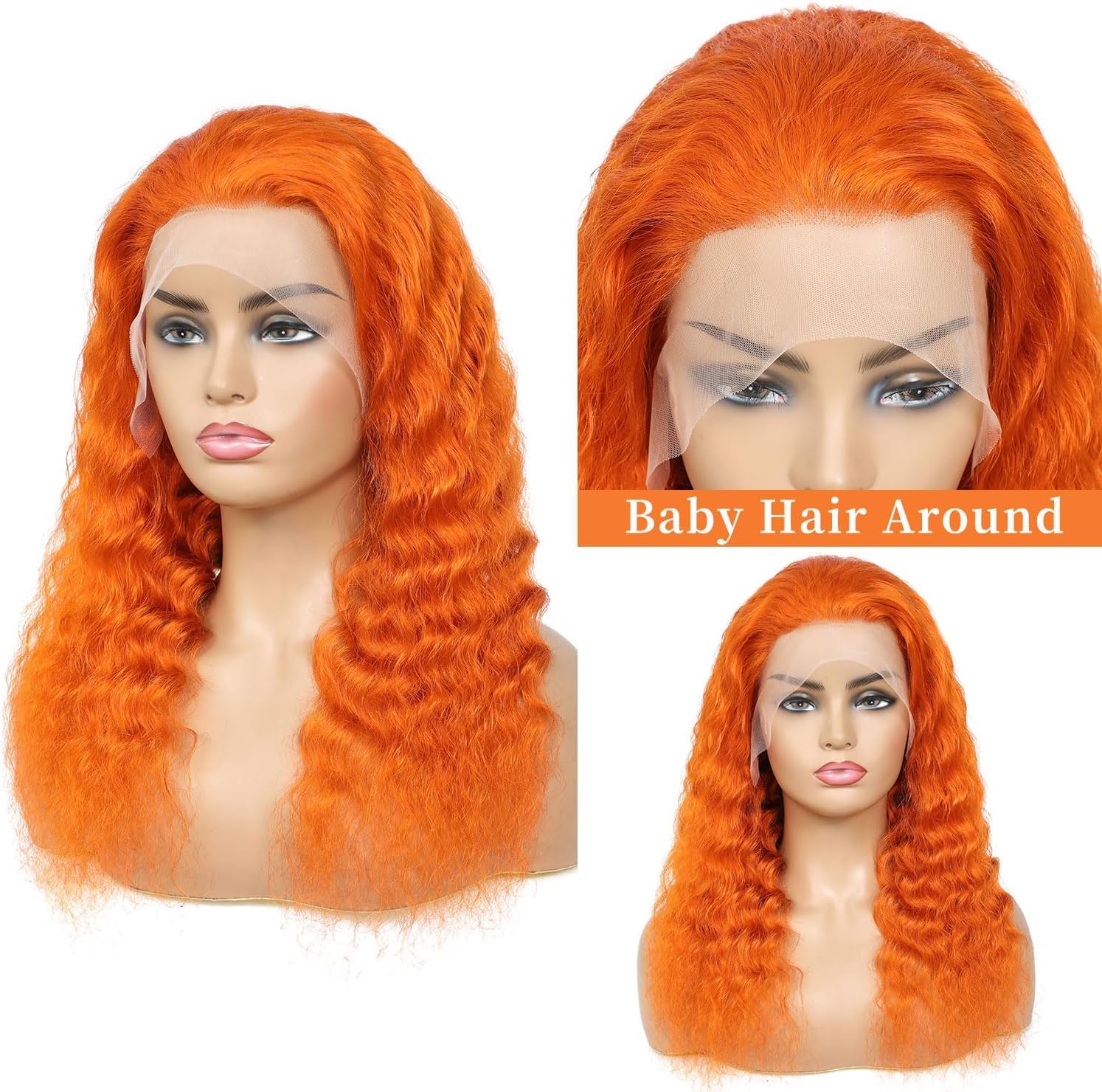 Wepwcod Deep Wave Human Hair Wig For Black Women,13X4 HD Lace Front Wigs Human Hair Pre Plucked Natural Hairline,Brazilian Frontal Glueless Wig (Orange - Image 2