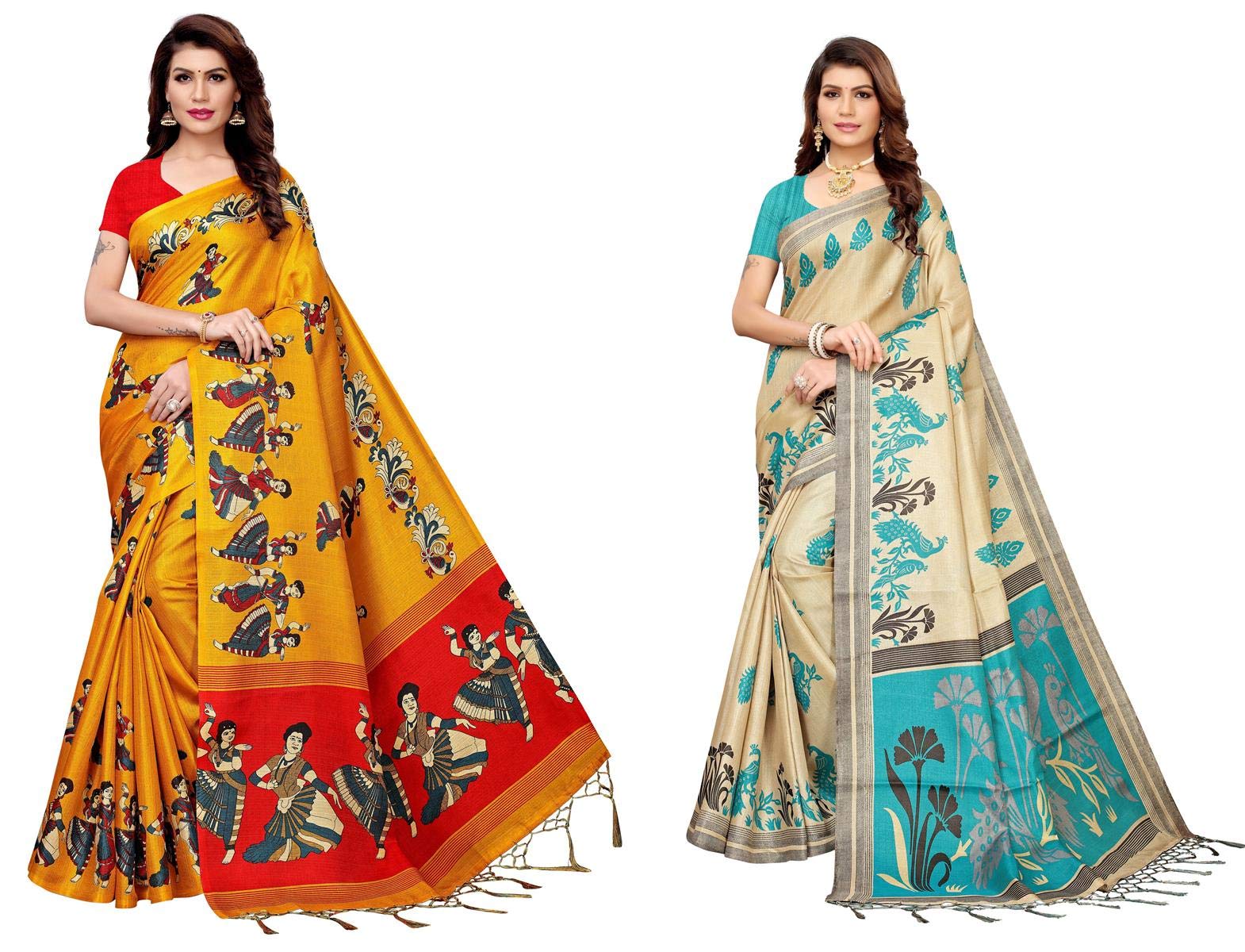 ANNI DESIGNERWomen's Multicolored Art Silk Printed With Blouse Piece Sarees (Pack of 2)(KHADI-CMB-163_Free Size), Multicolour, One Size