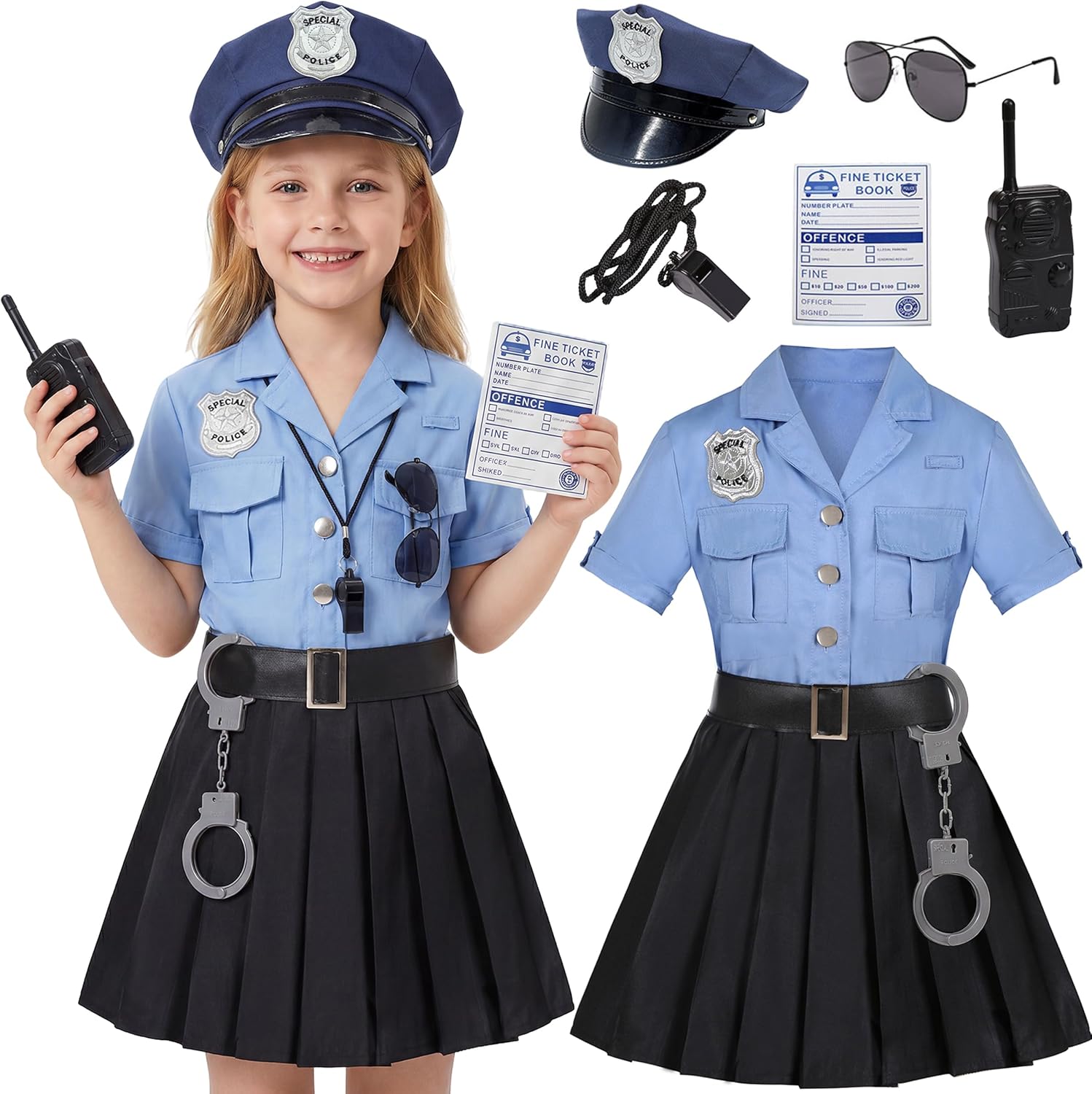 Koatobbor Girls Police Officer Costume Kids Cop Cosplay Outfits Uniform for Halloween Dress Up