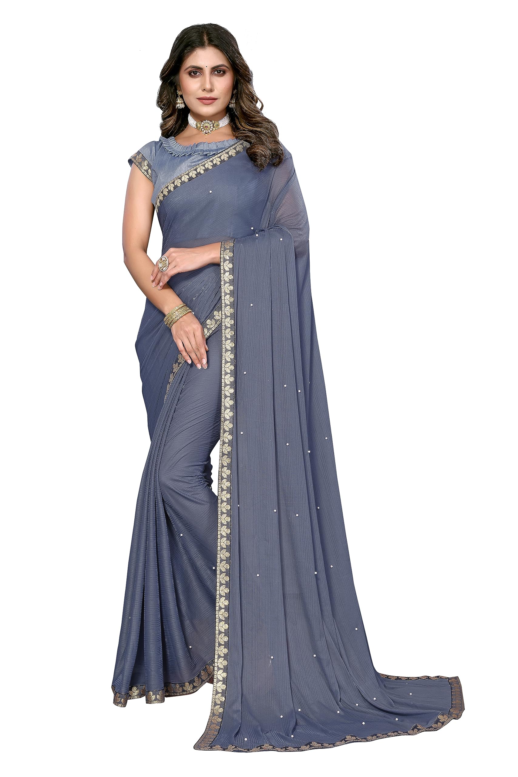 Women's Party Wear Georgette Silk Blend Solid Saree Floral Border Blouse with Pieces