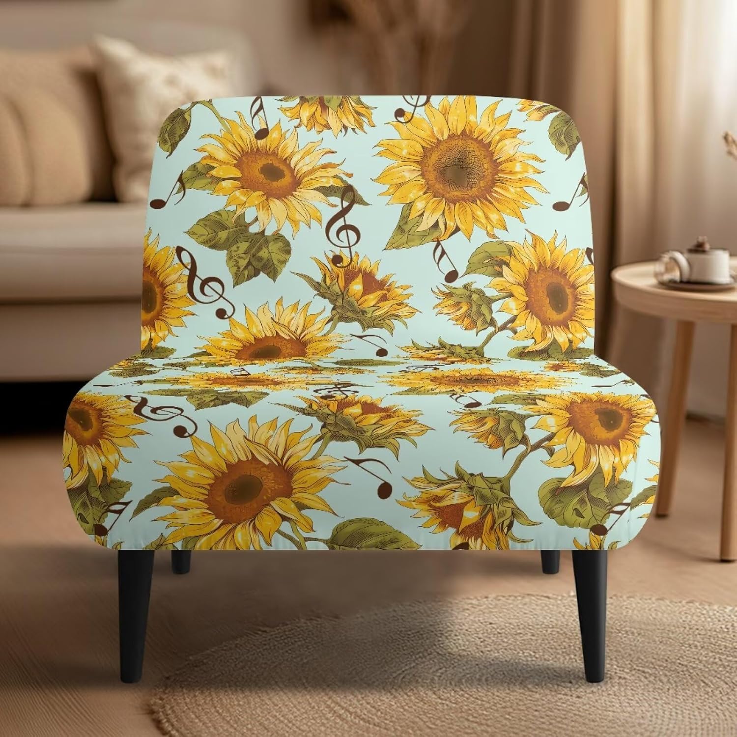 Merkmak Washable Armless Slipper Chair Covers with Elastic Band Armless Accent Chair Cover Autumn Sunflower Green Leaves Single Sofa Protective Slipcover for Farmhouse Decoration