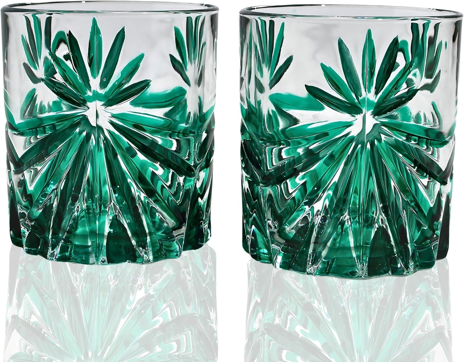 Italian Crystal Glass Tumblers, Set of 2, Starburst Collection, 10 oz Glasses, Green or Blue, Old Fashioned Glasses, Tumbler Glasses for Whiskey, Bourbon, Scotch, Cognac, Made In Italy (Emerald Green)