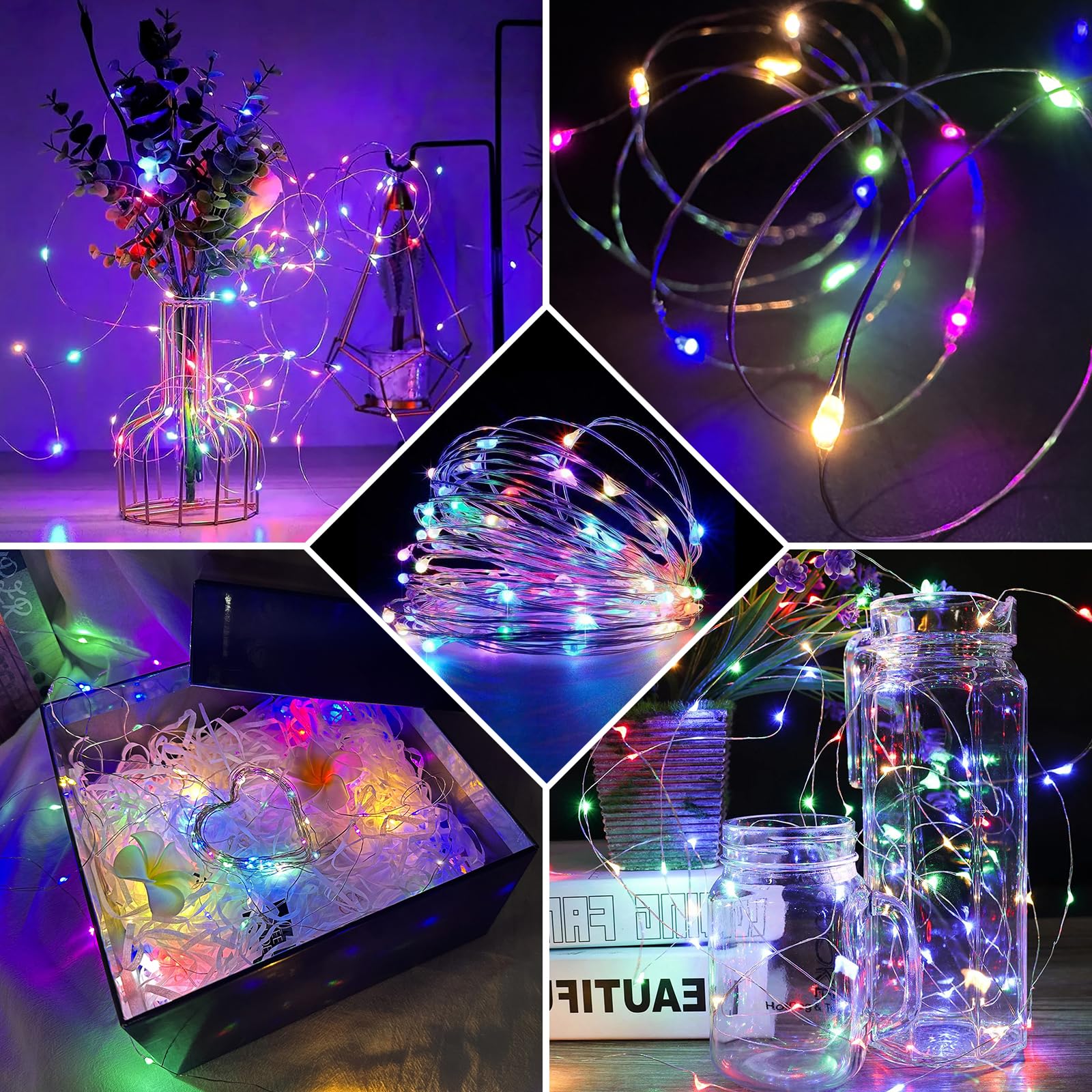Paquete de 24 luces de hadas de 7 pies, 20 luces LED, funciona con pilas, impermeable, luciérnaga estrellada para tarro masón, fiesta, boda, Navidad, día de San Valentín (24, multicolor)