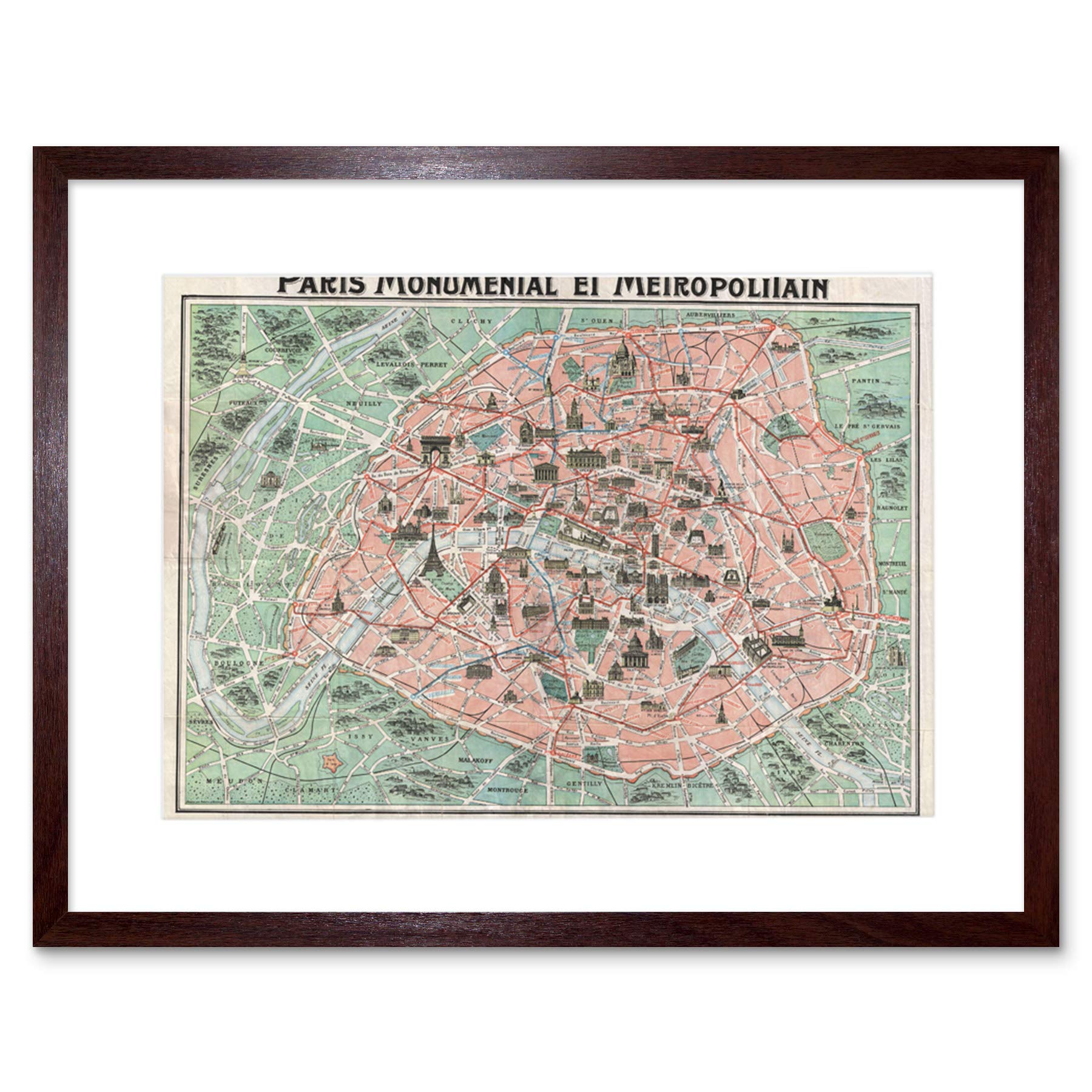 Wee Blue Coo Robelin Paris Monument Map French Artwork Framed Wall Art Print 12X16 Inch