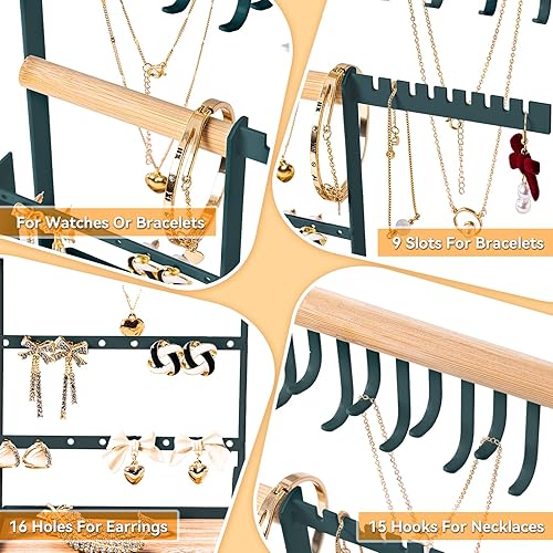 Miniatura 5 de Soporte organizador de joyas con soporte de terciopelo para anillos, organizador de joyas de 4 niveles con 15 ganchos, organizador de collares y