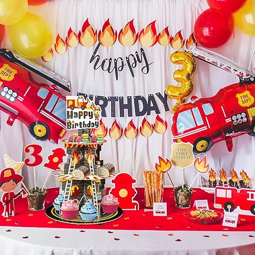 Miniatura 5 de Haooryx Decoración de fiesta de bomberos, soporte de 3 niveles, torre de cartón, torre de cartón para postres de feliz cumpleaños, bandeja de