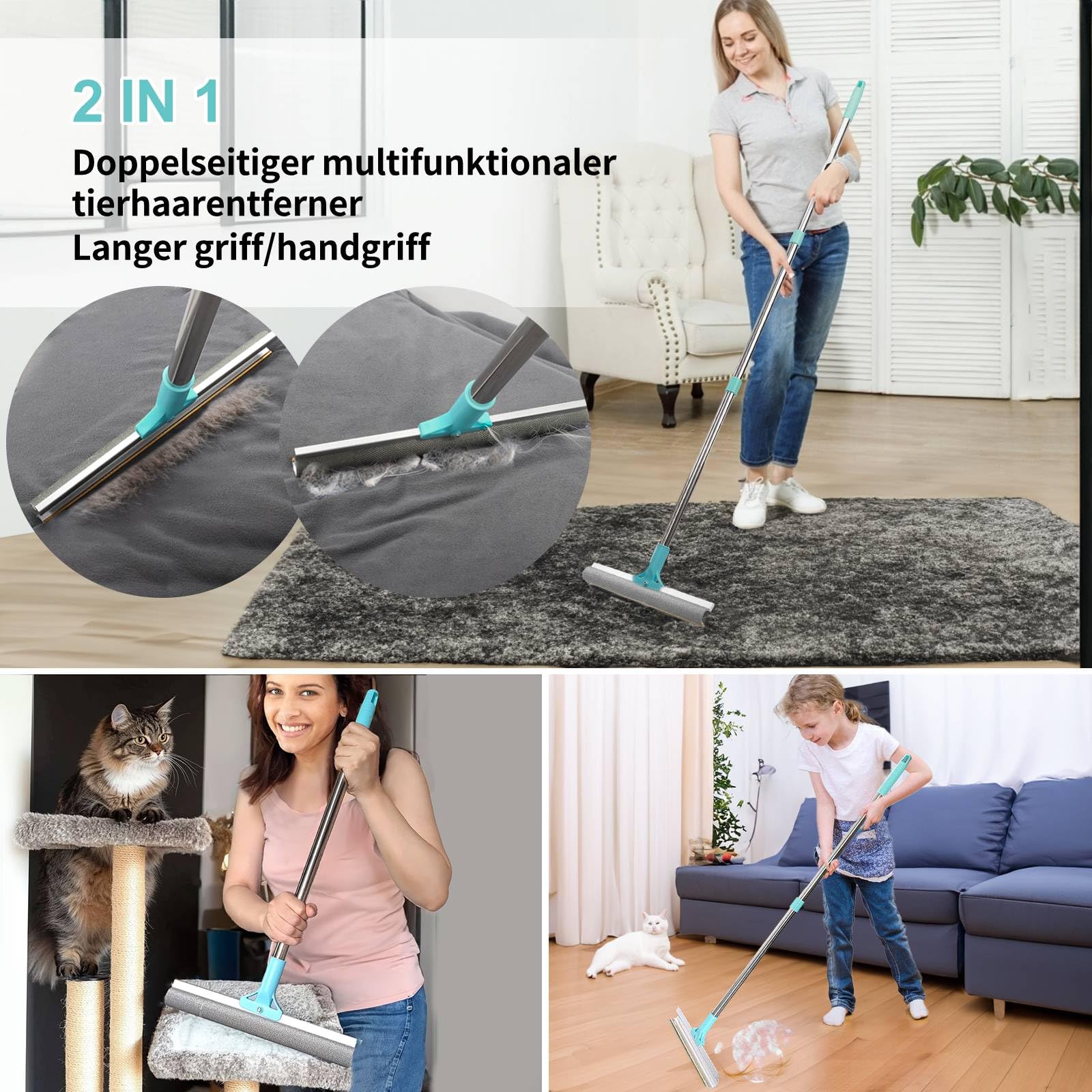 Tierhaarentferner, 2-in-1-Haarentferner, Teppichbürste mit 137 cm Verstellbarem Griff zum Entfernen von Tierhaare aus Autos, Teppichen, Fußböden, Sofas und Kleidung (Blau)