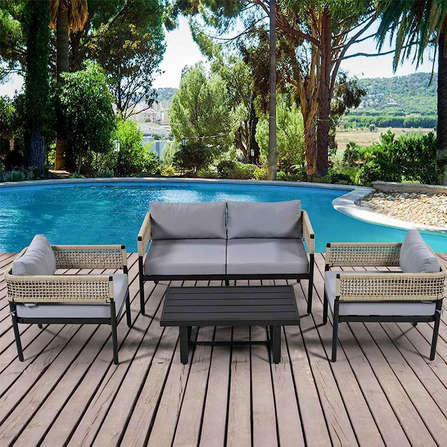 Amazon｜ガーデンファニチャー 4点 コーヒーテーブルセット ガーデン チェアー クッション付き ロープ ラタン調 テラス ソファ