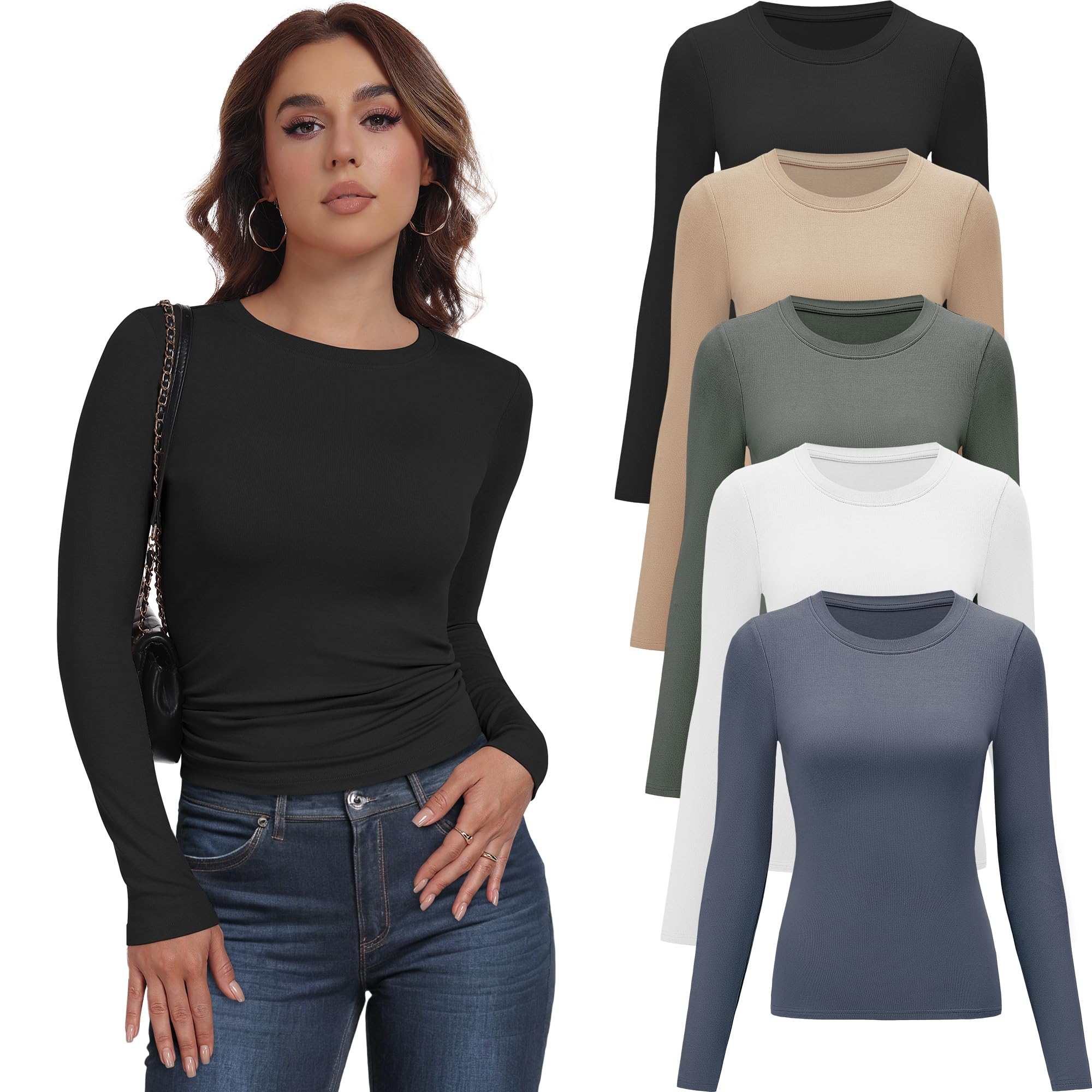 Pack da 5 Maglie Essenziali Donna Manica Lunga con Collo Alto, T-Shirt Base Stratificabili Slim Morbide e Traspiranti, Canotta Lunga da Lavoro per Donna, Sottovesti