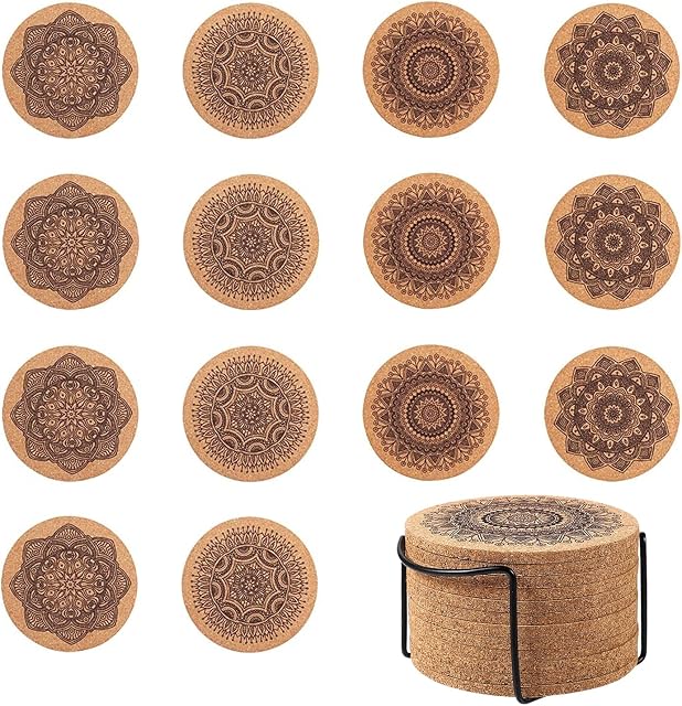 YHZMY 14 pcs Cork Coaster, Wooden Thick Cork Drink Coasters, Round Heat Insulation Cork Coasters, Drink Placemat Plain, Coffee Tea Cup Mat for Coffee, Tea, Drink, Tableware, Dish, Cup, Bowl, Tan
