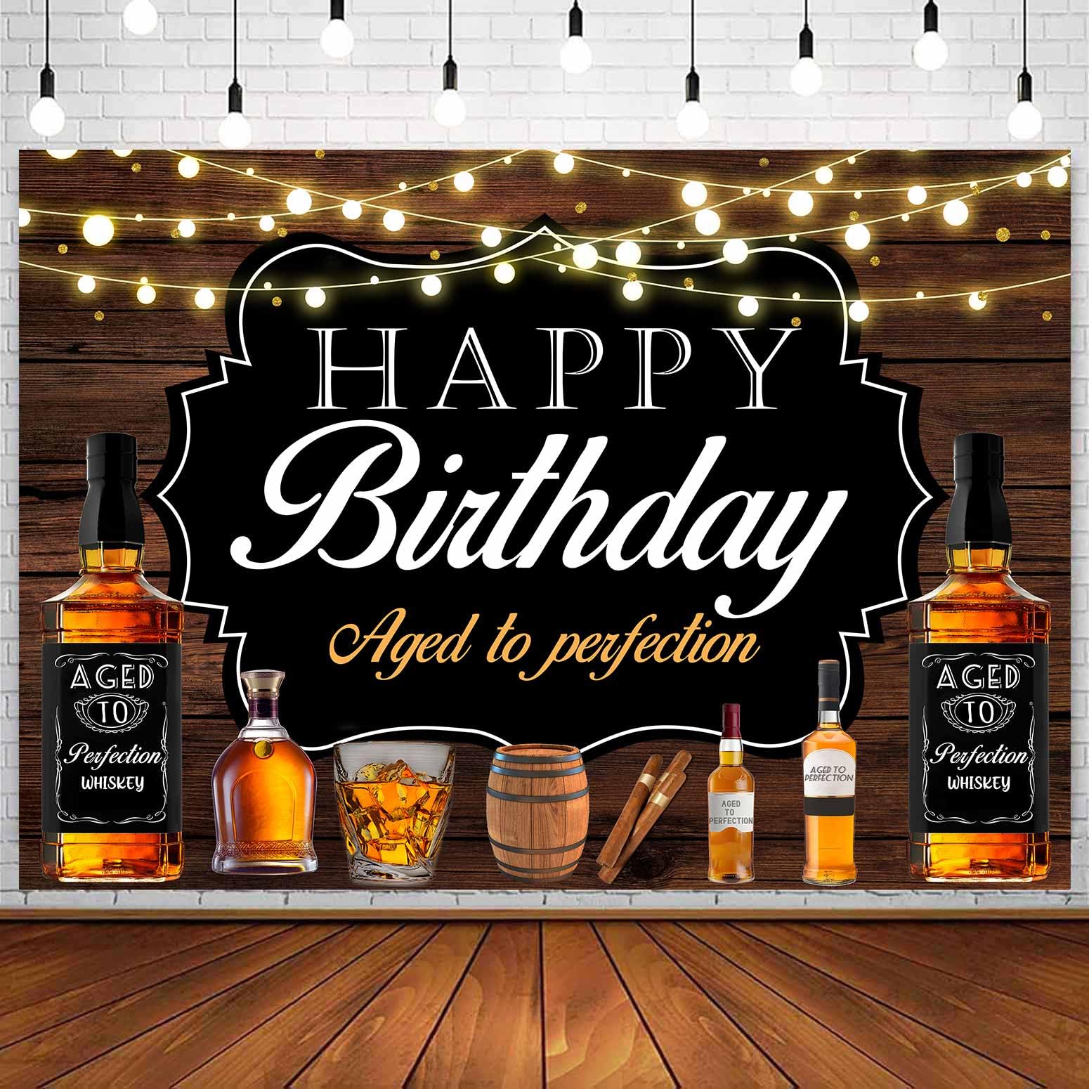 Sensfun Whiskey Birthday Backdrop Aged to Perfection Birthday Party Decorations Cigar Barrel Vintage Wooden Photography Background Whiskey Happy