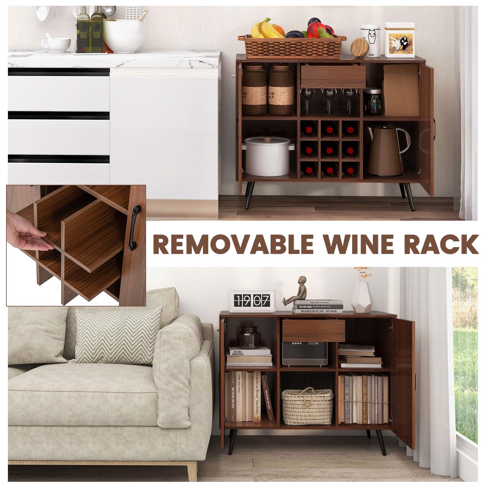 59" H Buffet Sideboard Cabinet With Storage Door & Power Outlet, Farmhouse Coffee Bar Cabinet With Wine Rack, Kitchen Pantry - On Sale - Bed Bath & Beyond - 41962858 - View #3