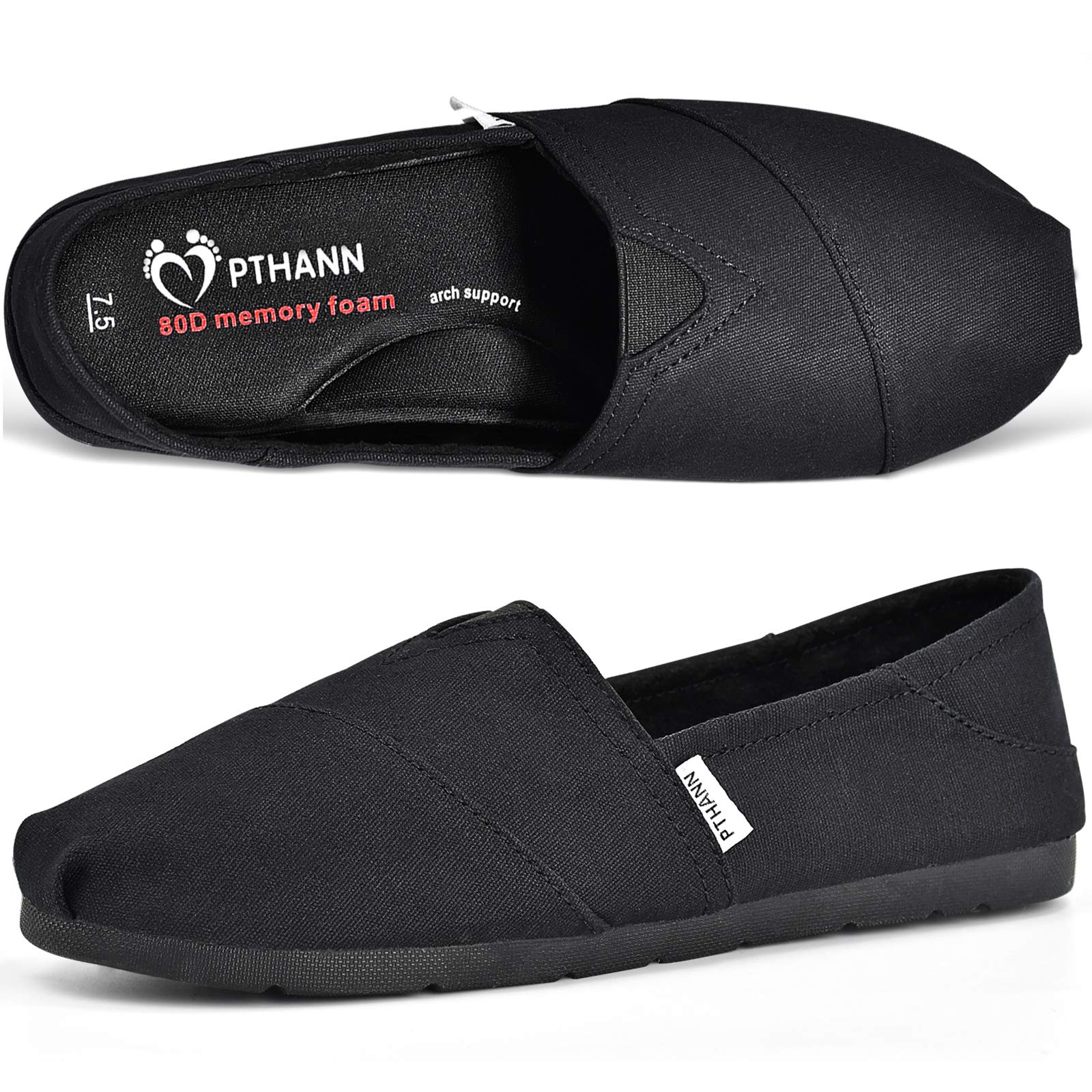PTHANN Classic Black Flats Shoes Women with Arch Support, Black Loafers for Women Canvas Shoes