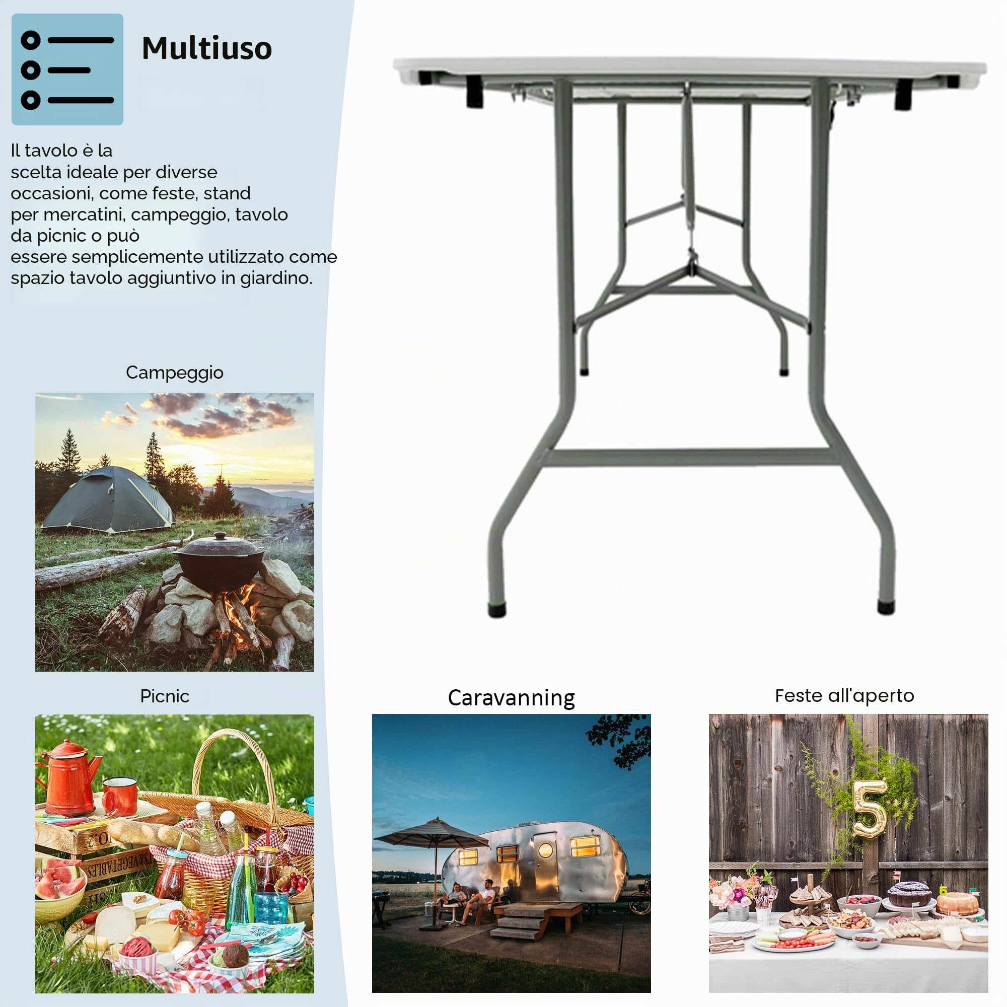 Home Vida Tavolo pieghevole 1,5 m Heavy Duty extra resistente campeggio buffet matrimonio mercato giardino festa bagagliaio stallo picnic maniglia pieghevole per il trasporto
