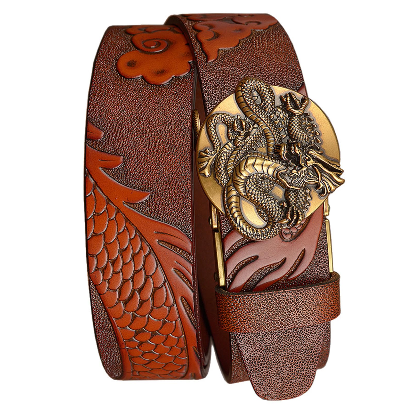 Cinturón De Piel Con Trinquete: Diseño Moderno Dragón Grabado, Hebilla Deslizante Automática Ajustable, Estilo Informal Vaca