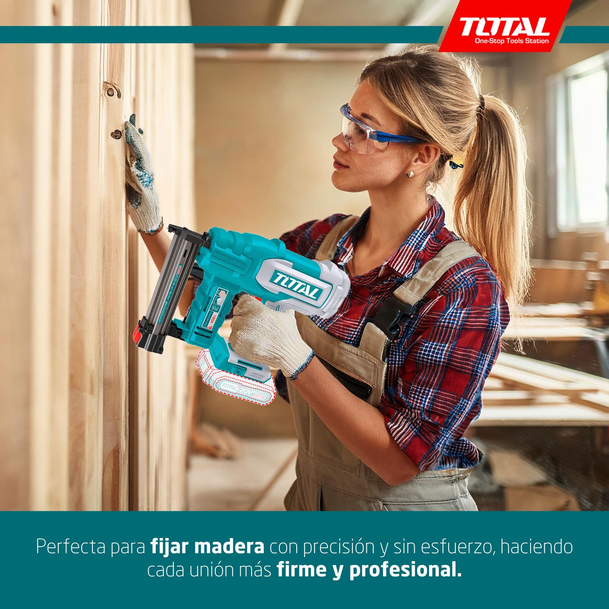 TOTAL - Clavadora a Batería 20V Profesional; 2 Clavos; Compatible F15-F35; Cargador 105 Clavos; Modelo TCBNLI2005; Herramienta Eléctrica sin Batería ni Cargador