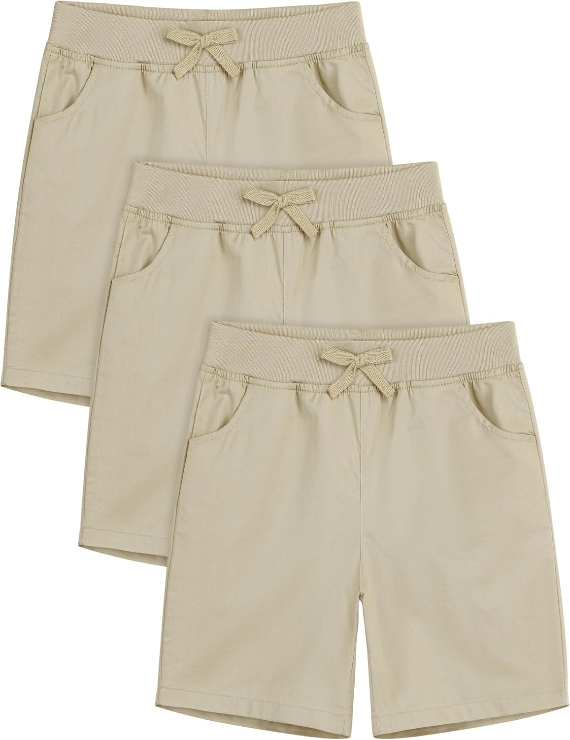 Resinta 3 Pack Girls School Uniform Bermuda Shorts Pull-on Cotton Chino Elastic Waist Soft Play Shorts with Pockets 5-13Y