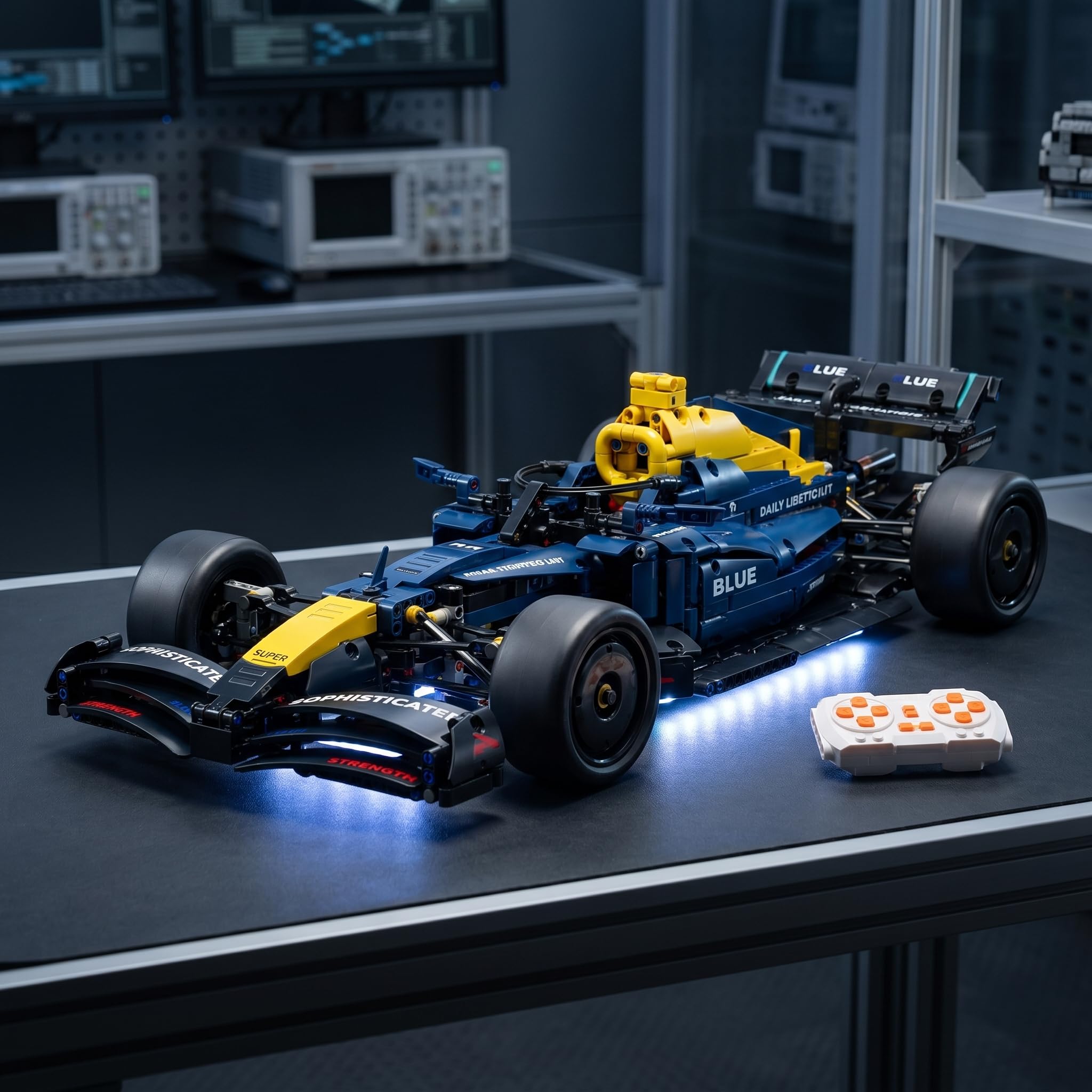 1:10 RC Auto, Open Wheel RC Auto, 1:10 mit LED Modell | 1:10 RC Auto: RC-Antrieb, LED-Lichter und detaillierte Aufhängung; Familienbauzeit, Fahrten im Zimmer, Display