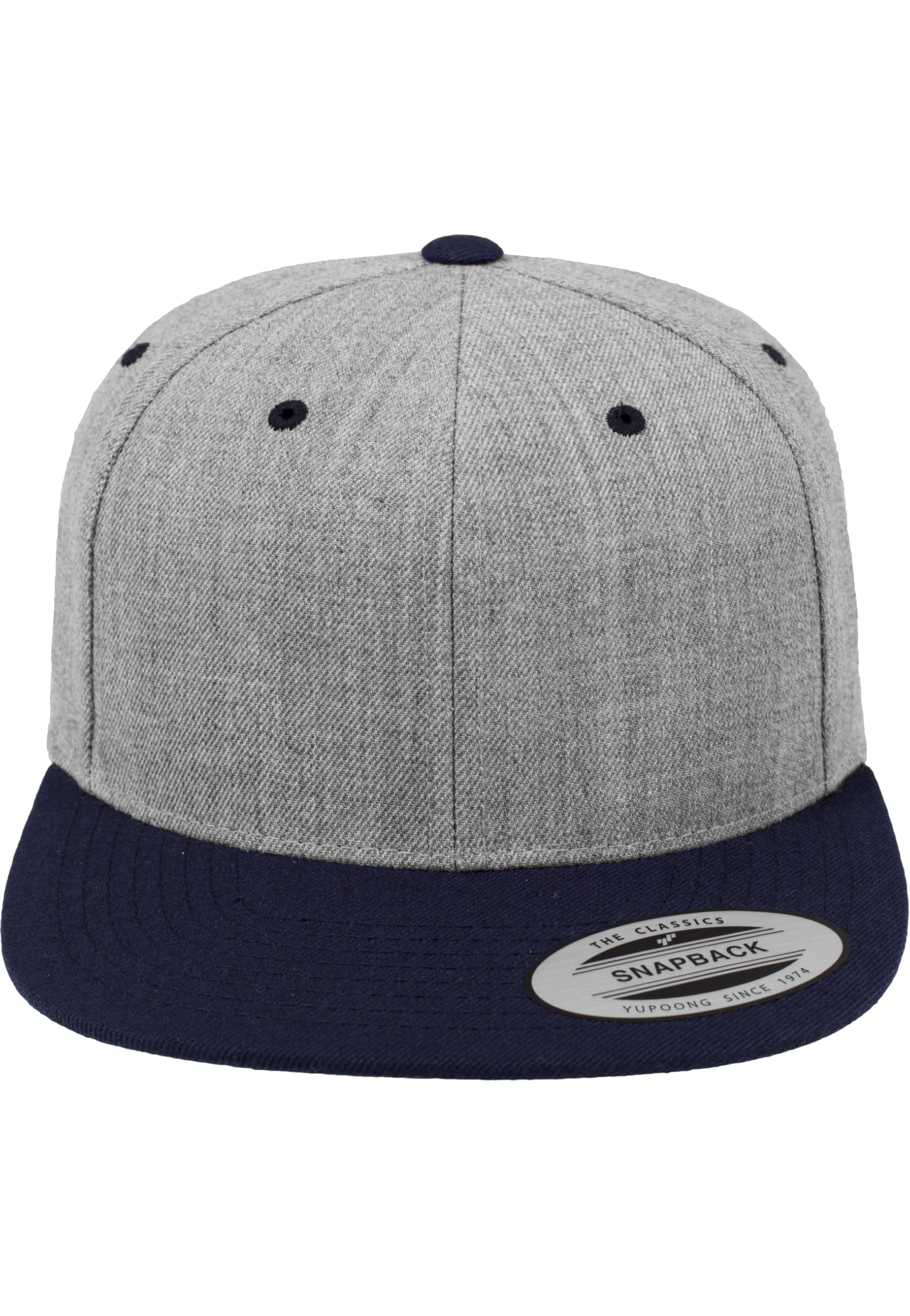 Yupoong Flexfit Unisex Kappe Classic Snapback 2-Tone, zweifarbige blanko Cap mit geradem Schirm, One Size Einheitsgröße für Männer und Frauen, Farbe heather/navy