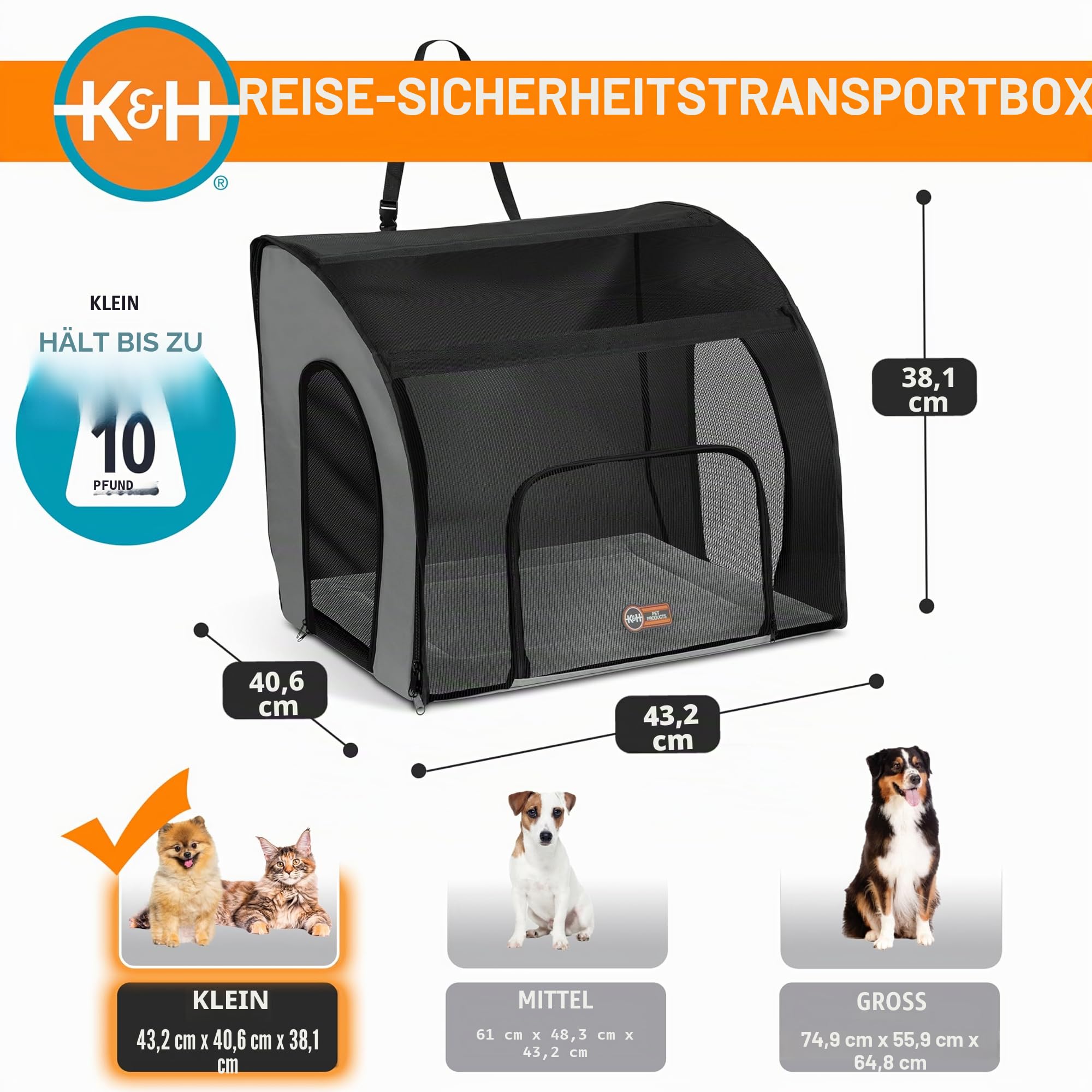 K&H PET Products Reise-Sicherheitstasche für Haustiere, Hundebox für Autoreisen, weiche Seitentasche für Katzen und kleine Hunde, tragbare Autositz-Zwinger, grau/schwarz, klein, 43,2 x 40,6 x 38,1 cm