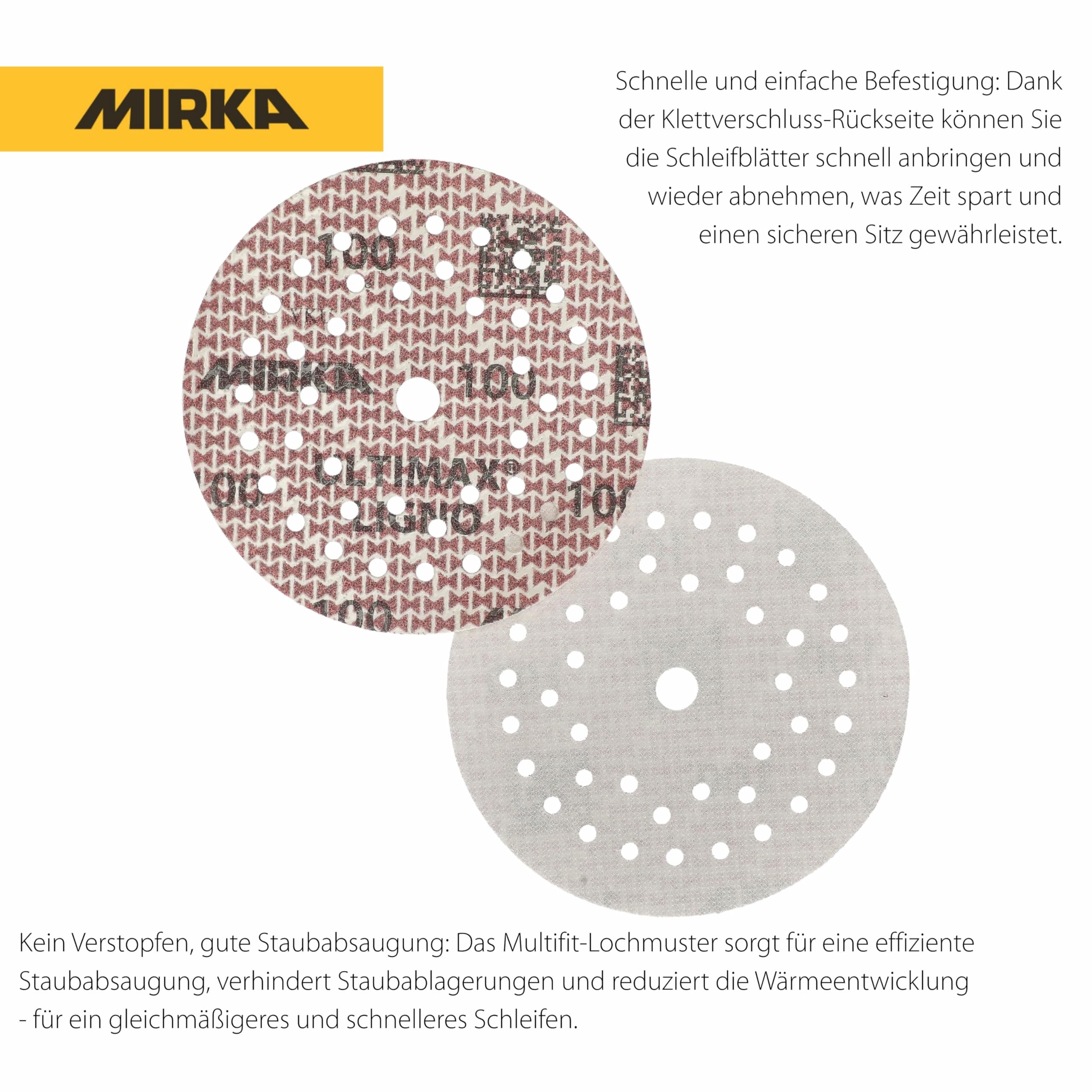 Mirka - tarcze szlifierskie - Ultimax Ligno 125 mm rzep Multifit | Tarcze szlifierskie do drewna z multiperforacją kompatybilne z szlifierkami mimośrodowymi i oscylacyjnymi rzep Multifit