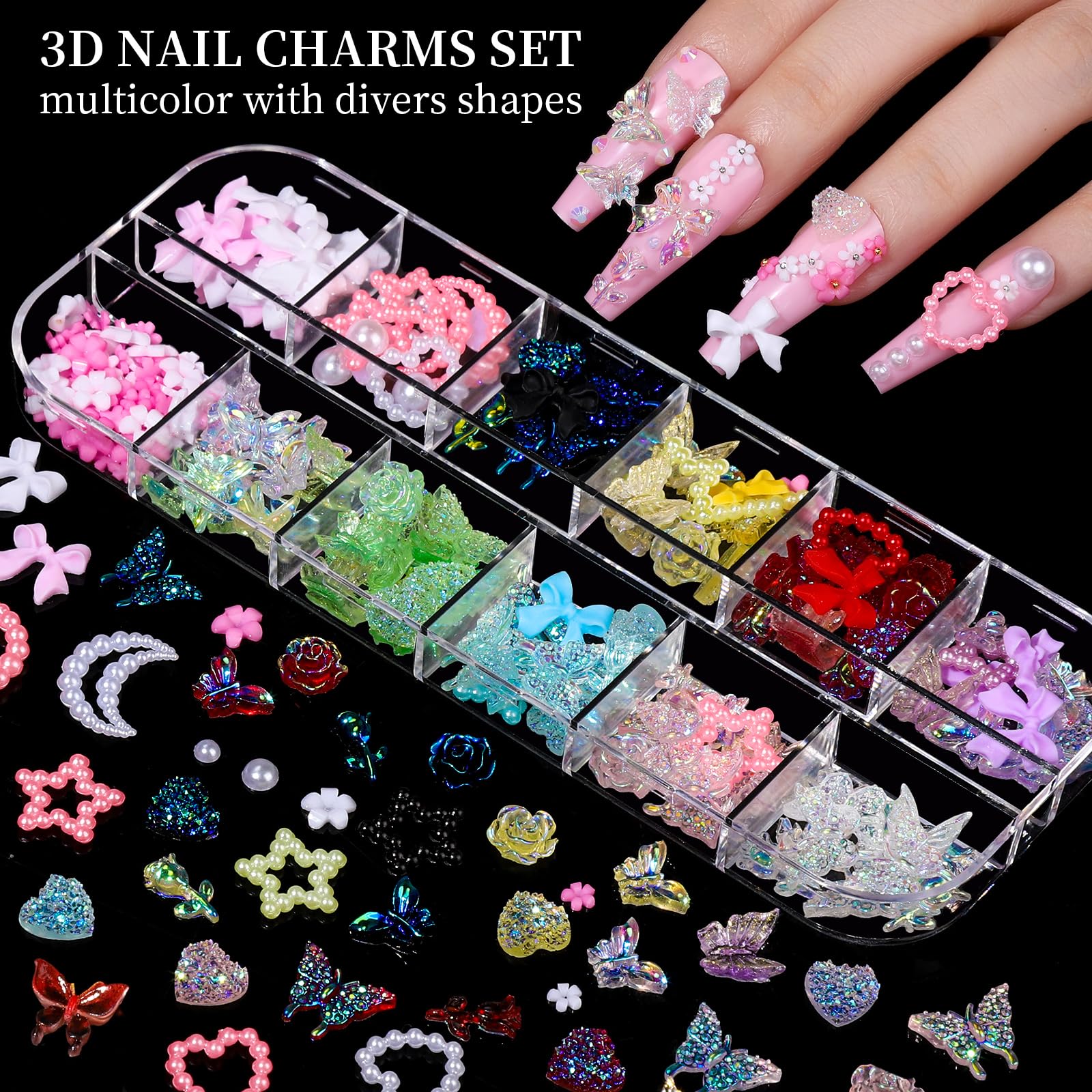 Dijes para uñas, kit de diamantes de imitación para uñas con 8 cajas de gemas para uñas, dijes 3D para uñas, diamantes de imitación transparentes de colores planos, cristales de uñas 2