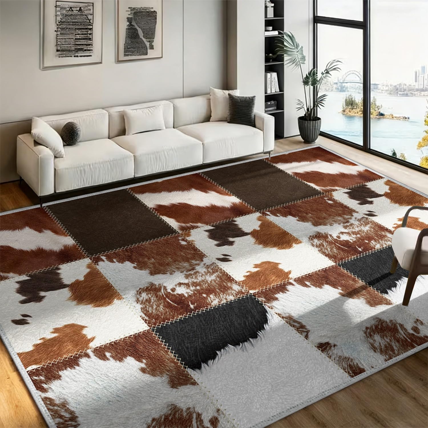 ZCLRUG Rustic Cabin Cowhide Rug,160x200cm,Faux Fur Cow Print Rug,Soft and Non-Slip Western Rugs,Low-Pile and Washable Brown Animal Print Carpet, for Bedroom Living Room Farmhouse Rugs