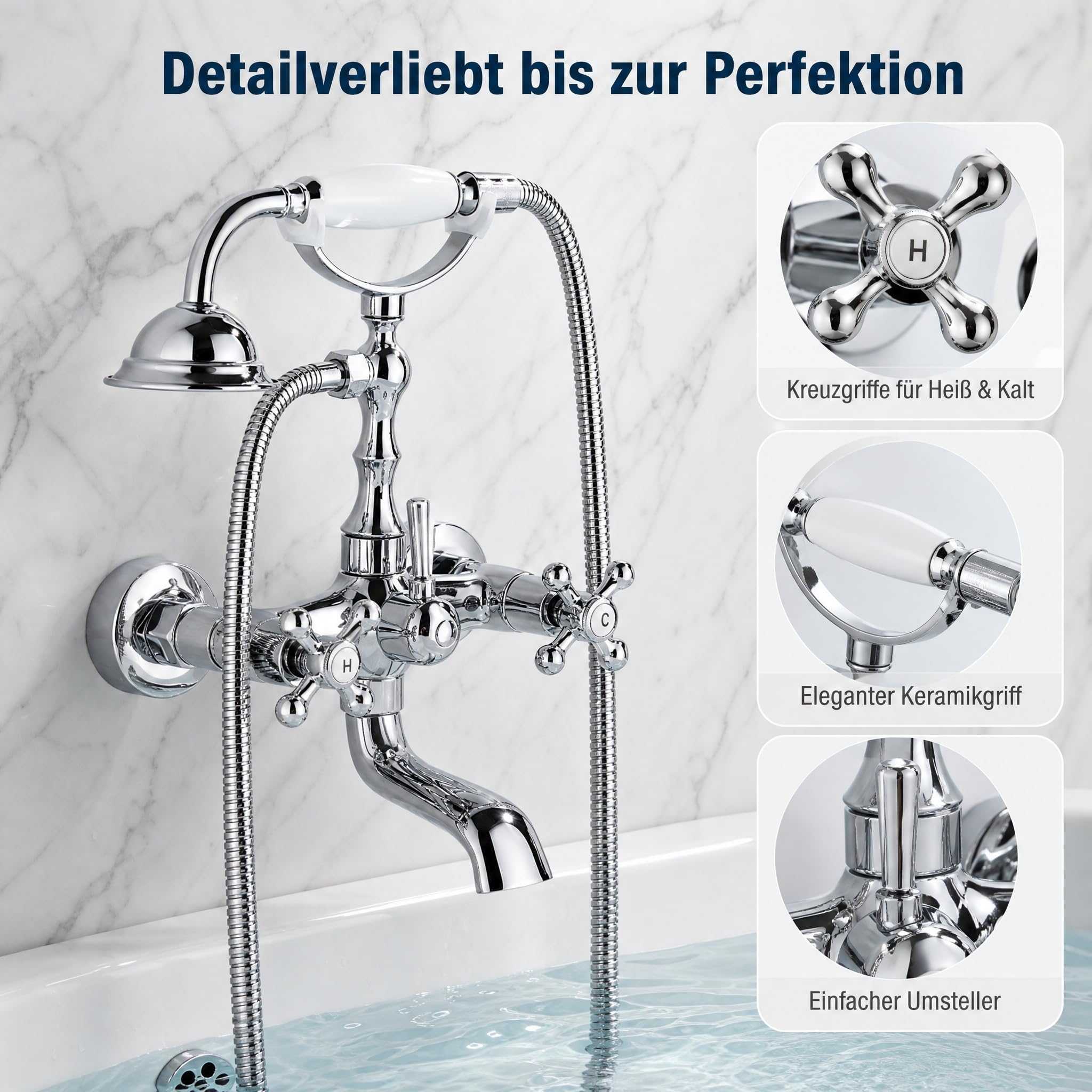 Retro Badewannenarmatur mit Handbrause, Chrom Wannenarmatur mit Brause Duschkopf, Duscharmatur Wasserhahn Badewanne Set für Bad Dusche, 1,5m Duschschlauch