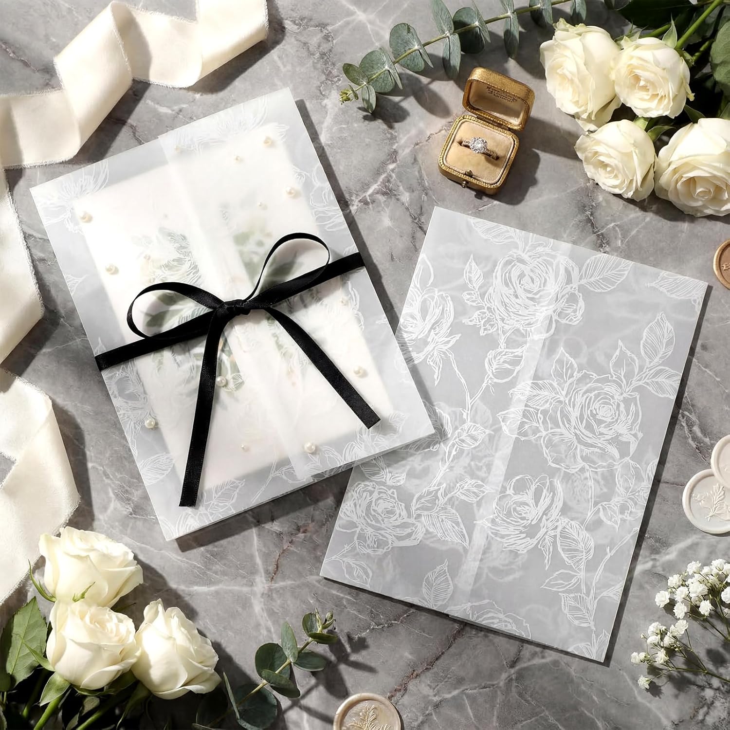 Faccito 50 Pcs Pre Folded Vellum Jackets for 5x7 Invitations Wedding Invitation Vellum Paper, Pearls Stickers, Ribbon, Tweezers, Envelope Tissue Paper Inserts for Wedding Birthday DIY Craft (Flower)