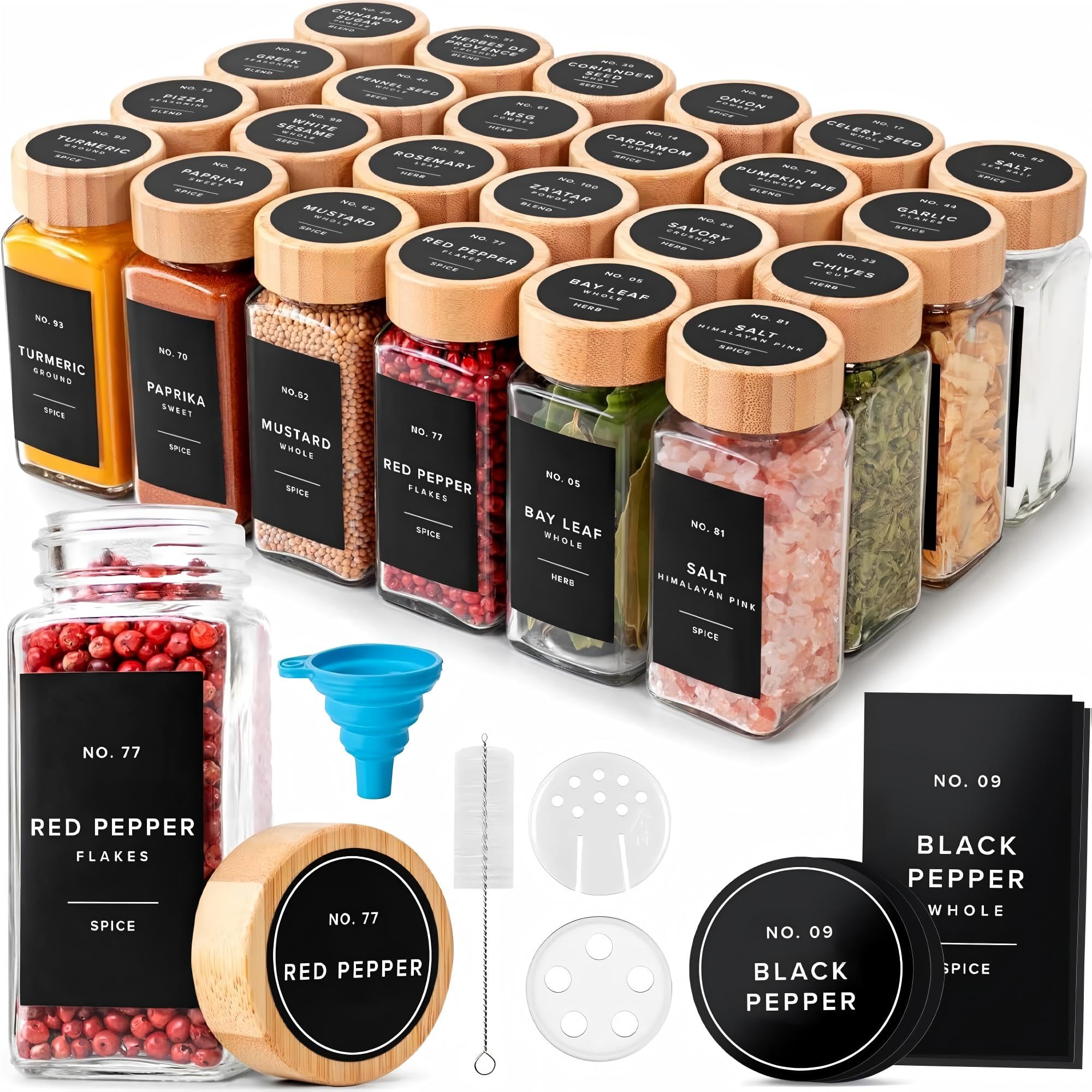 Houbobo Glass Spice Jars with Lids and Labels, 24-Piece 120ml Square Spice Containers with Bamboo Lids, Seasoning Storage Organiser for Spice Rack, Cabinet, Drawer