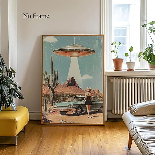 Miniatura 6 de Lienzo de paisaje del desierto para pared, póster de platillo volador, imagen retro de los años 70, estilo de los años 70, arte de pared vintage