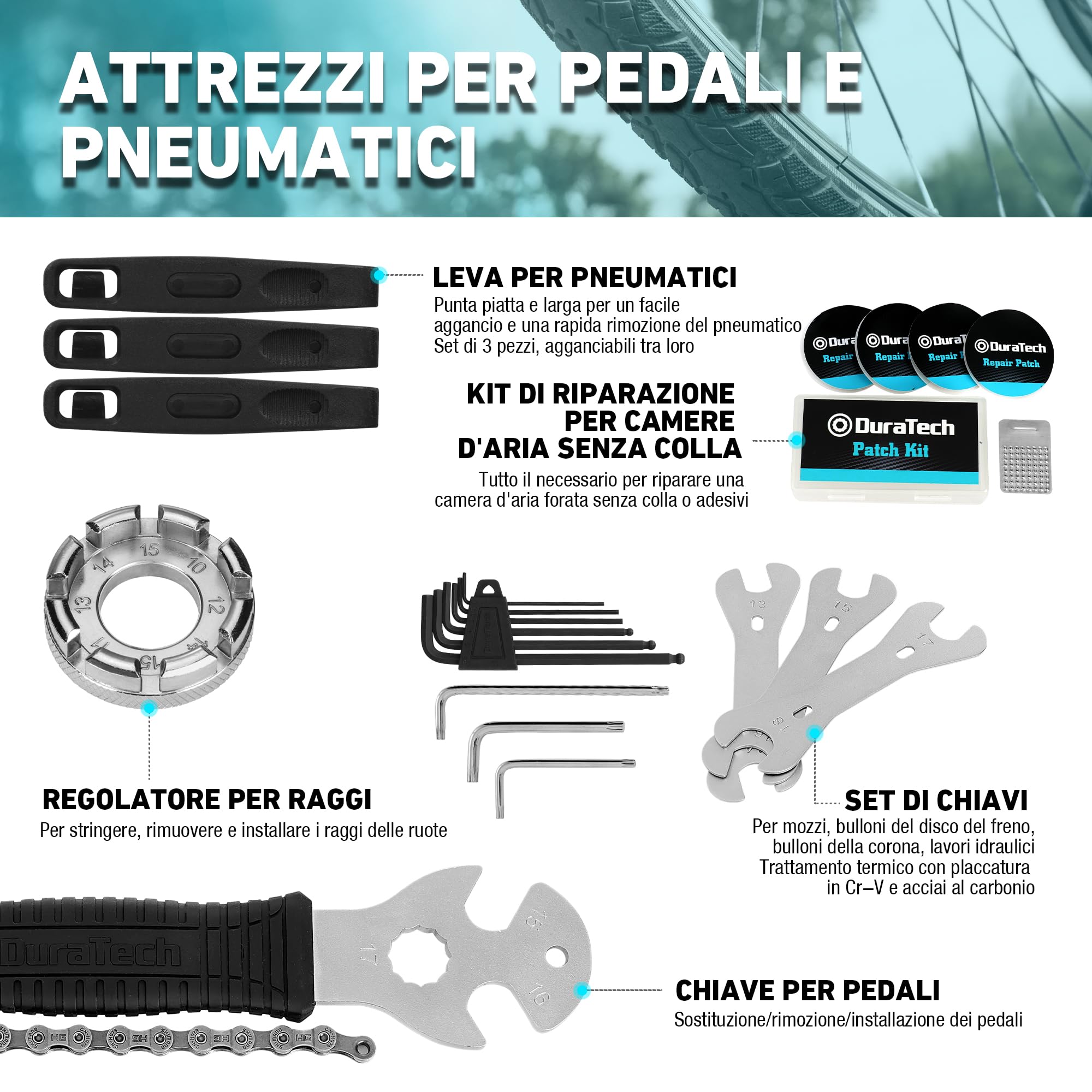 DuraTech Kit Professionale di Attrezzi per Bicicletta 41 Pezzi, Set di Riparazione per Catene, Pneumatici e Pedali con Custodia Portatile