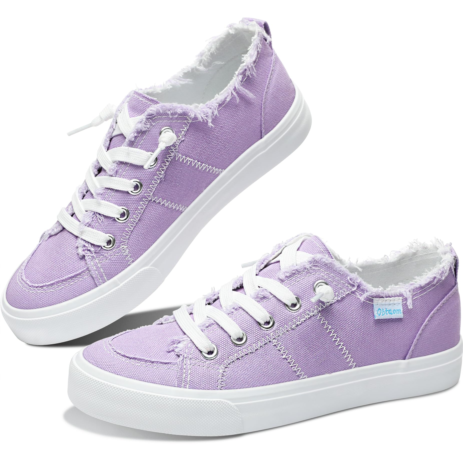 Obtaom Women's Play Fashion Sneaker White Color Washed and Leopard Canvas Slip on Shoes 7 Purple