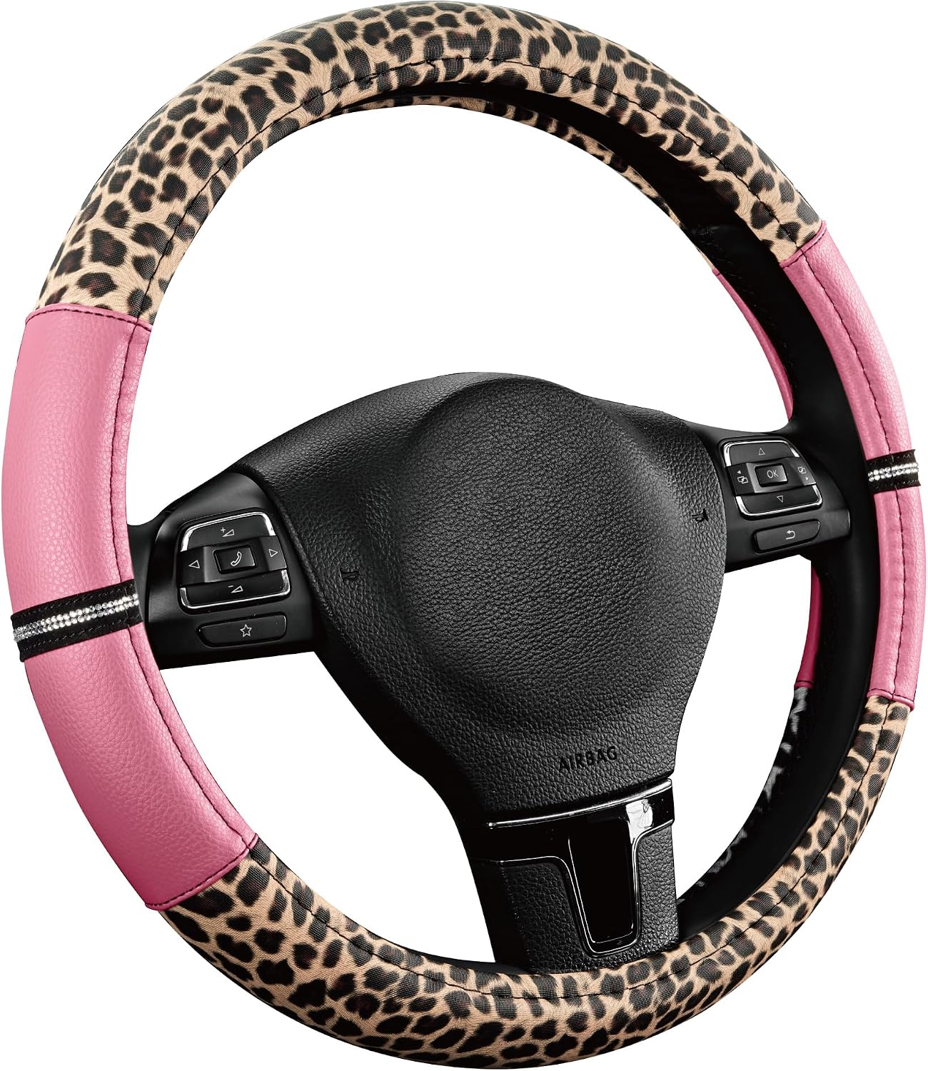 Road Comforts Leopard Steering Wheel Cover for Women, Cute Anti-Slip Microfiber Leather, Universal Fit 14.5-15 Inch Round Steering Wheel - Pink