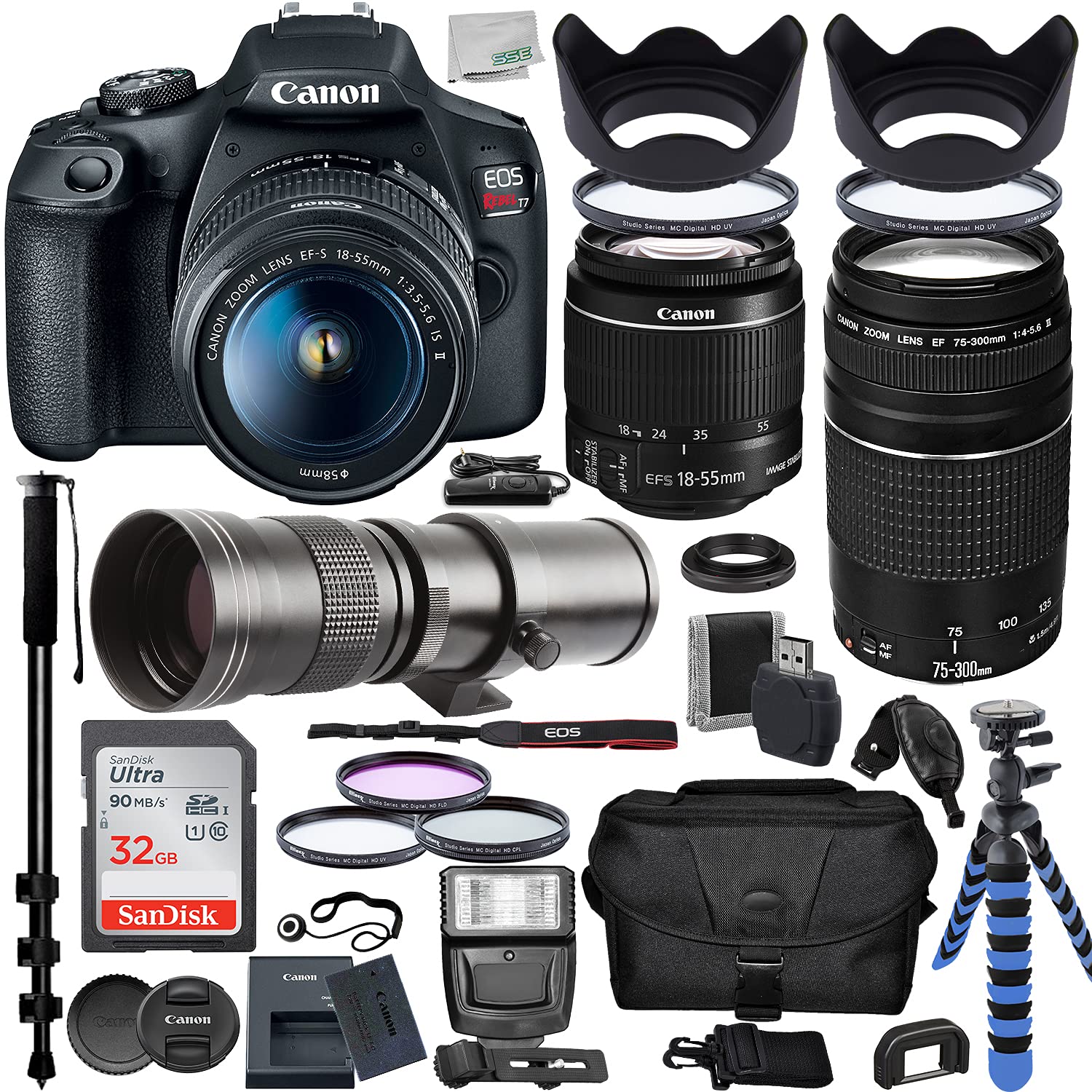 Can0n Canon EOS Rebel T7 DSLR Camera with EF-S 18-55mm is II, EF 75-300mm III, Ultimaxx 420-800mm Preset Telephoto Zoom Lens And Deluxe Bundle: SanDisk Ultra 32GB SDHC, Gadget Bag (CNT7W185575300DB)