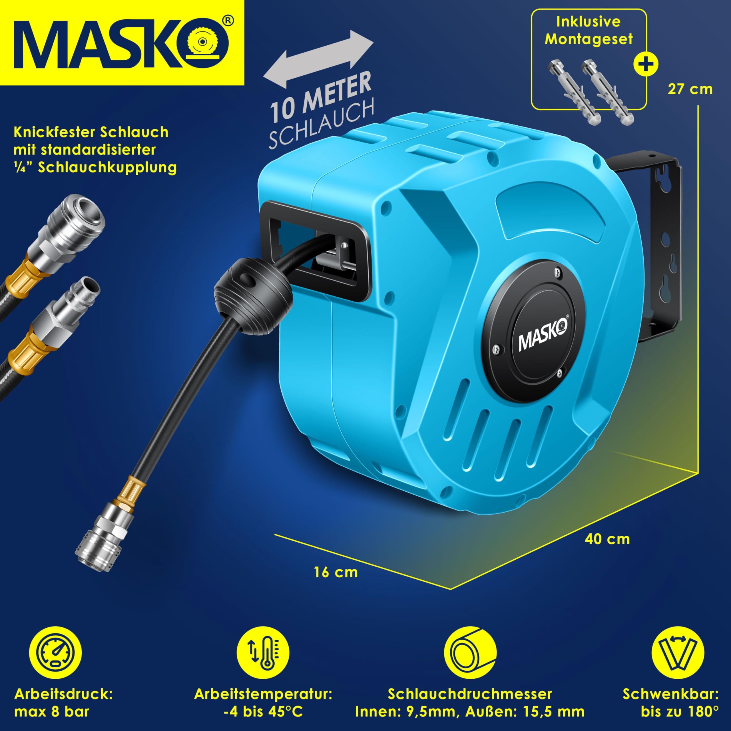 MASKO® Automatik Druckluftschlauch Aufroller 10m – Schlauchtrommel mit 1/4" Anschluss, Schlauchaufroller, Wandhalterung, Tragegriff, 180° schwenkbar, Schlauchbremse, vormontiert/sofort einsatzbereit