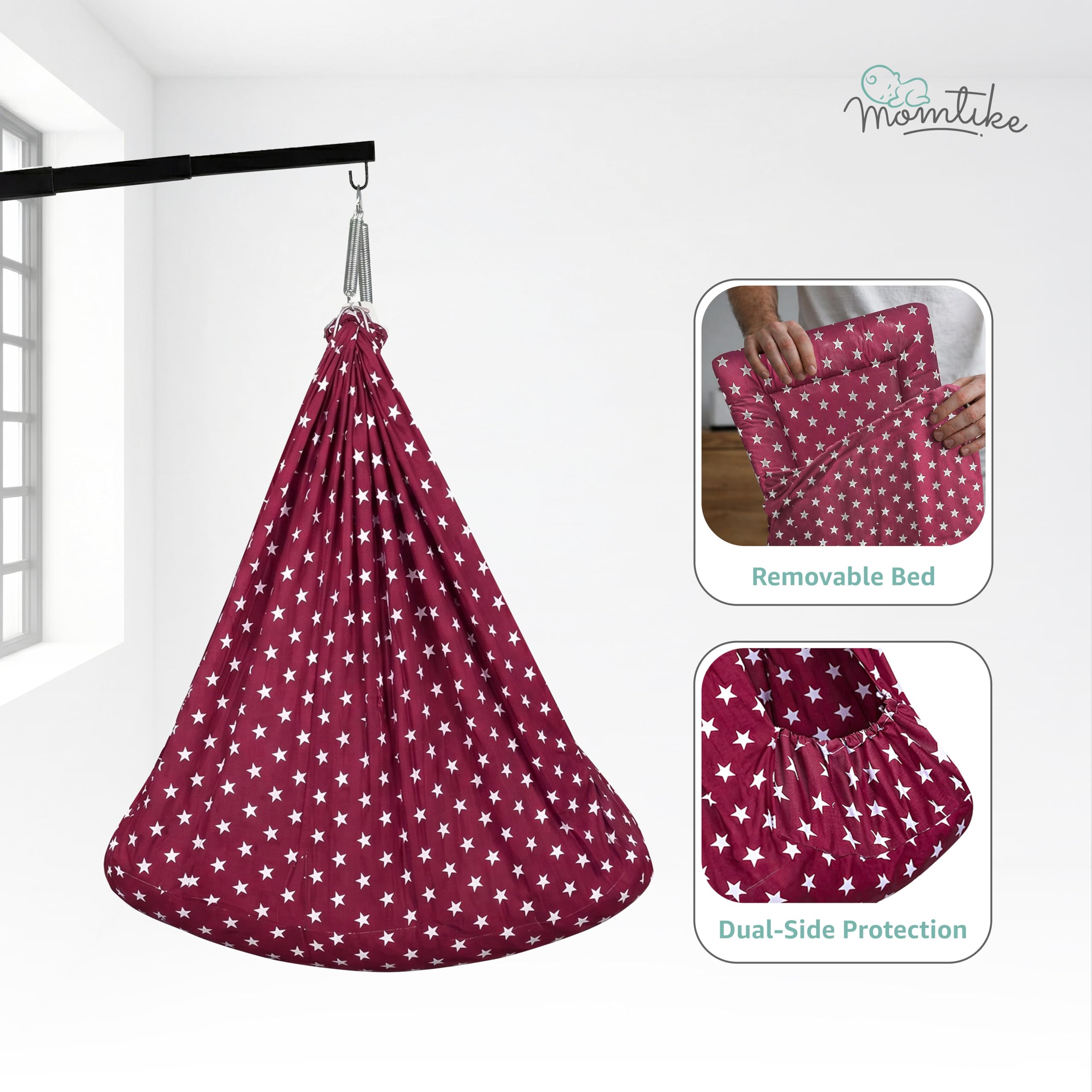 Momtike Baby Swing Cradle, Foldable Window Hanger with Sliding Lock, Hanger Spring, Mosquito Net & Pad with Insert Pocket, Jhoola, Thottil, Joli, Jokali, Onjal (Maroon) 2