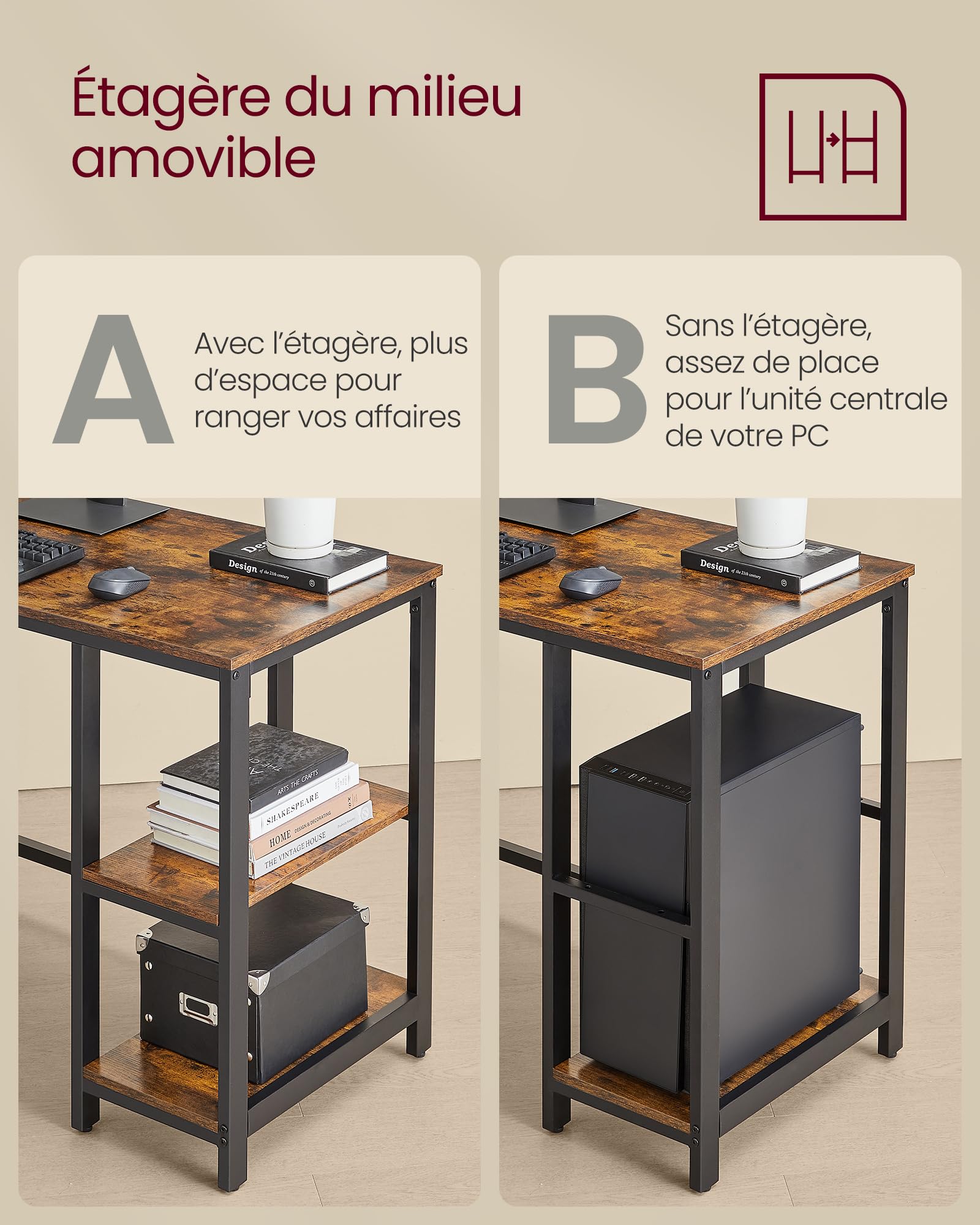 HOMCOM L-vormig / I-vormig bureau, computerbureau, hoekbureau, roestvrij staal, wit