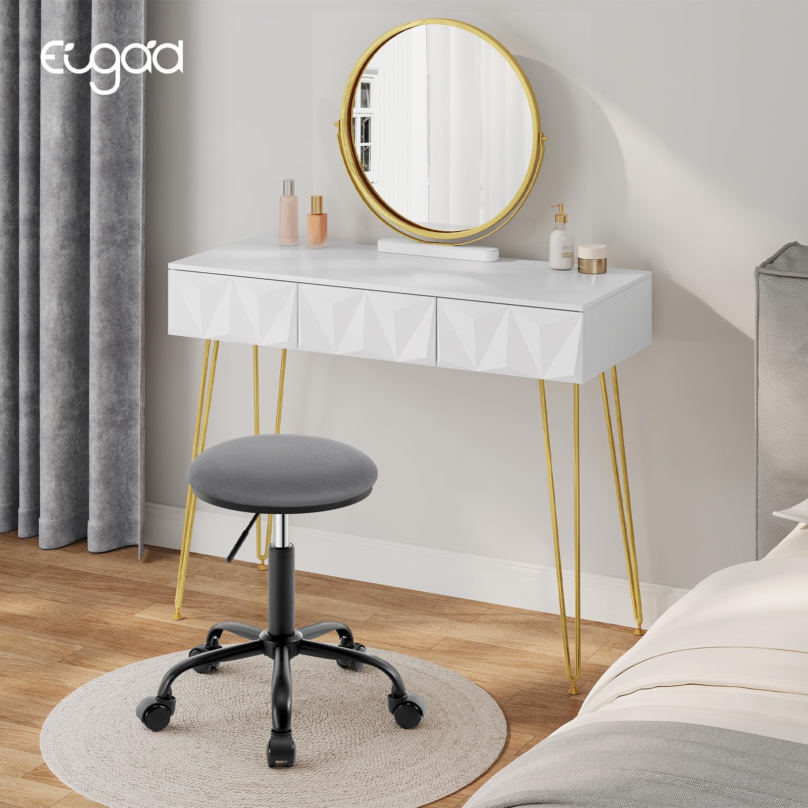 EUGAD Rollhocker höhenverstellbar, Drehhocker mit Rollen, runder Hocker 360° drehbar, Bürohocker für Arbeitszimmer, Salon, Samt, Dunkelgrau
