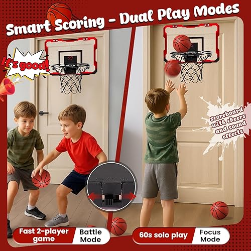 Miniatura 4 de LovesTown Mini aro de baloncesto para interiores para niños, aros de baloncesto sobre la puerta con iluminación LED, mini aro con 4 bolas de