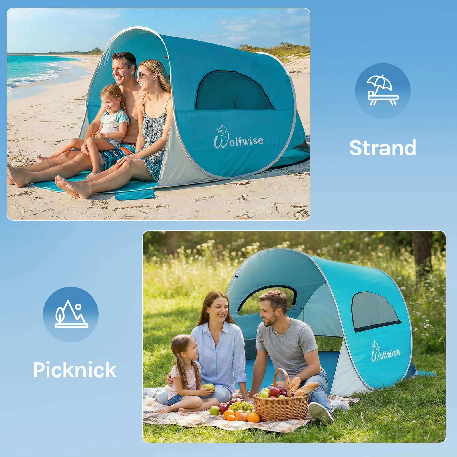 WolfWise Strandmuschel Pop-Up Zelt mit UV-Schutz 50+, 3-4 Personen Strandzelt, Sonnenschutz & Windschutz Tragbar Wurfzelt Baby Kinder Sonnenzelt Kleines Packmaß für Familie Camping Garten Strand Blau