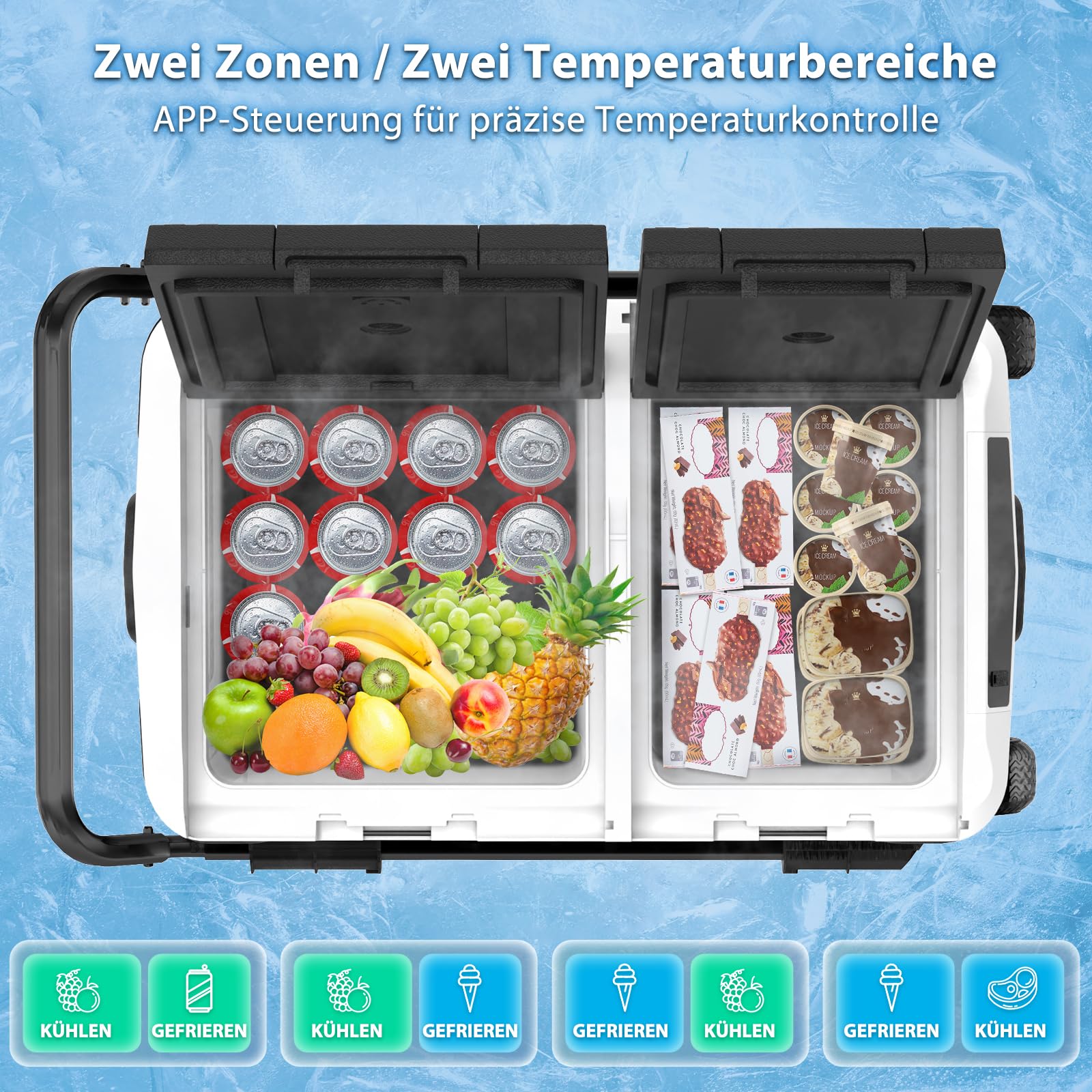 AS 40L Kompressor Kühlbox Dual Zone, Elektrische Kühlbox 12V /24V mit APP Steuerung, -20°C Tragbare Gefrierbox, kühlschrank mit Rollen und Teleskopgriff für Auto, LKW, Camping und Wohnmobil