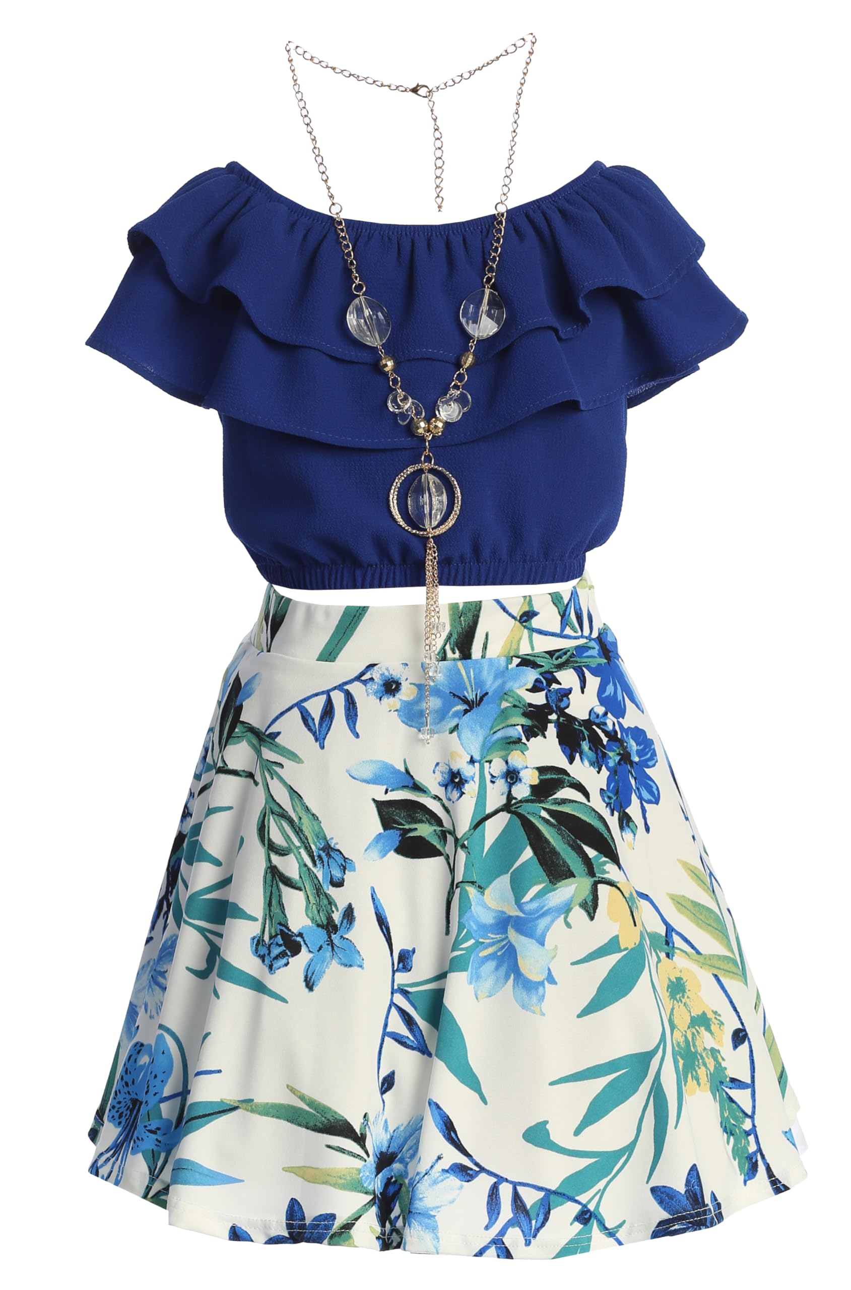 iGirlDress Girls Off Shoulder Crop Ruffle Layered Top and Skirt Set Outfit USA 4-14