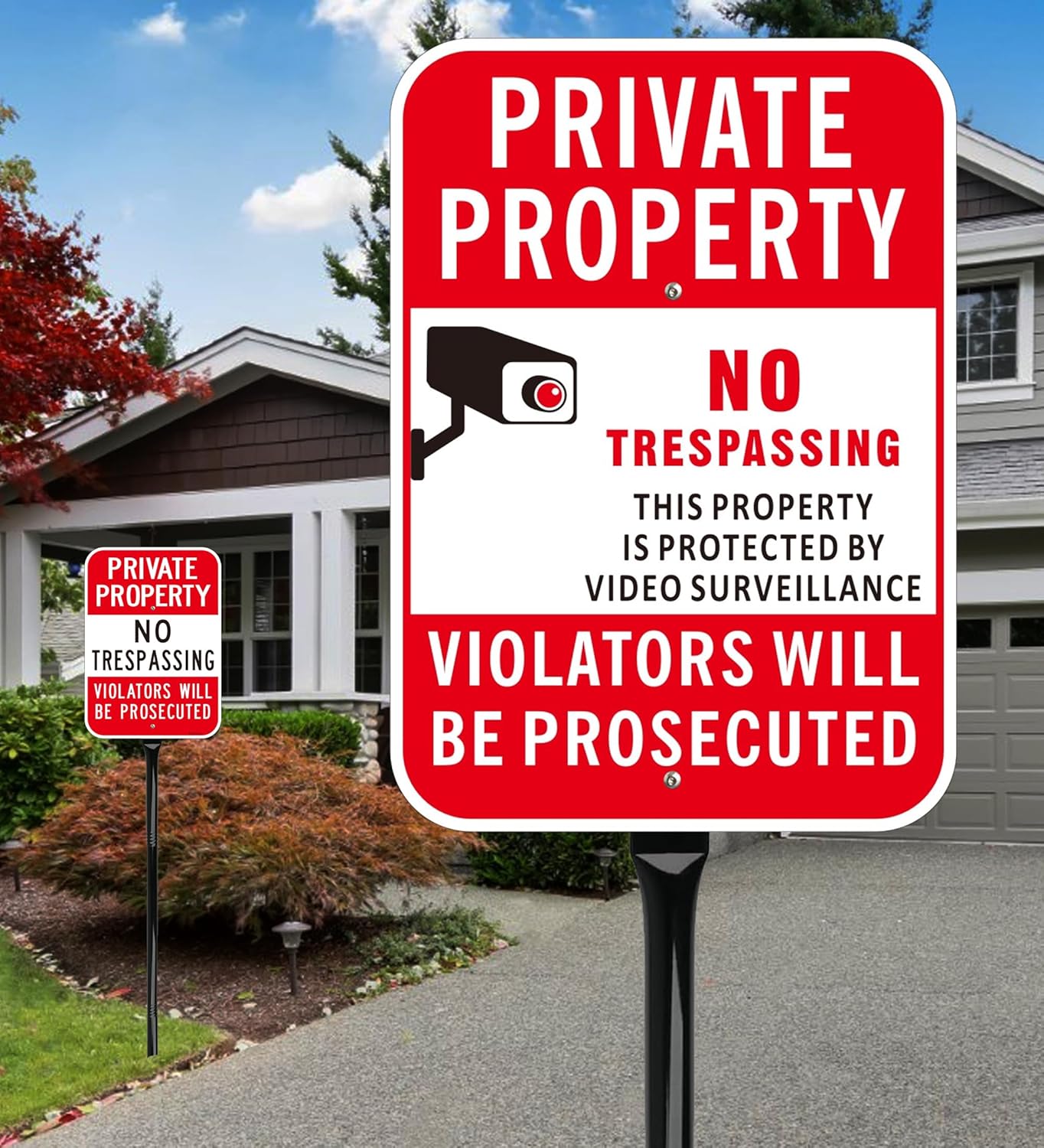 2Pack Private Property No Trespassing Signs with 54-Inch Heavy Stakes, 14x10 Inches Video Surveillance Warning Aluminum, Rust-Free& Fade Resistant, for outdoor Yard
