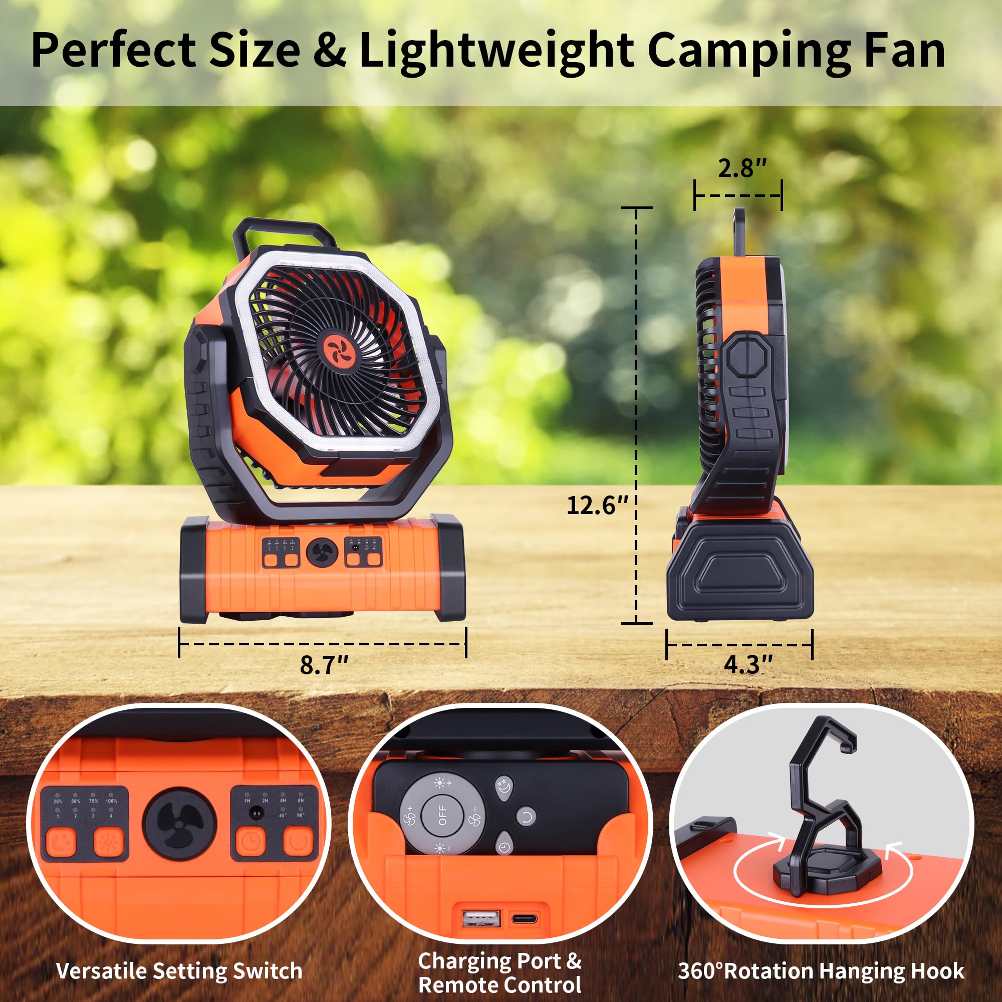 Ventilatore da campeggio ricaricabile da 20000 mAh con lanterna a LED, ventilatore oscillante portatile a 270°, 3 velocità, luce LED a 3 livelli, arancione, 22,3 x 11,4 x 28,4 cm