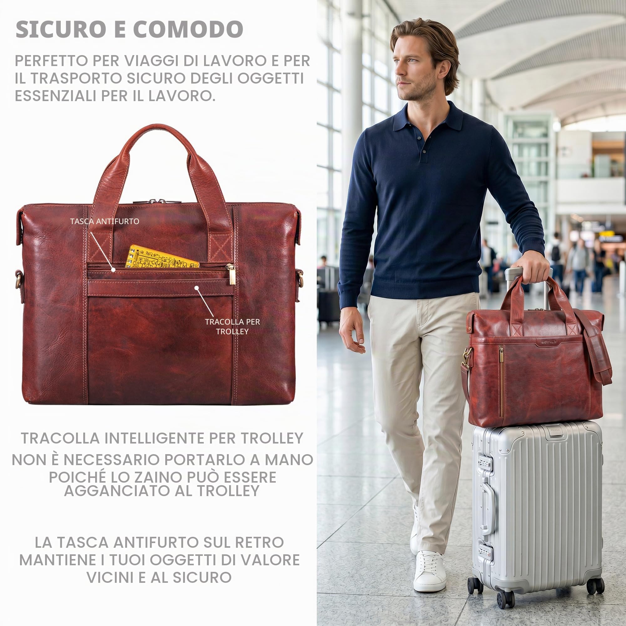 ROYALZ 'Seattle' Borsa Ventiquattrore Uomo in Vera Pelle Grande - Perfetto come Borsa per Computer Portatile 14-15.6 ' Borsa 24 ore Borsa a Tracolla Business università